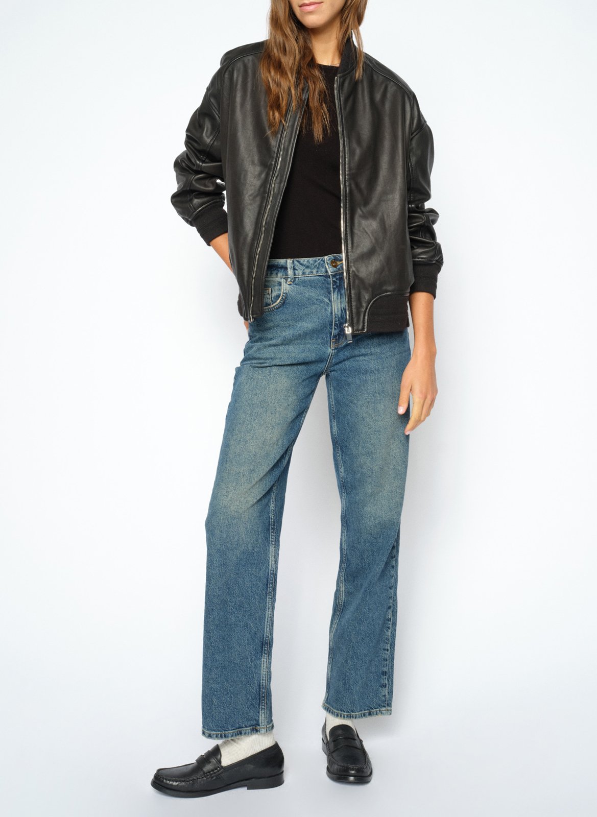 Veste droite zippée en cuir MOS MOSH Noir