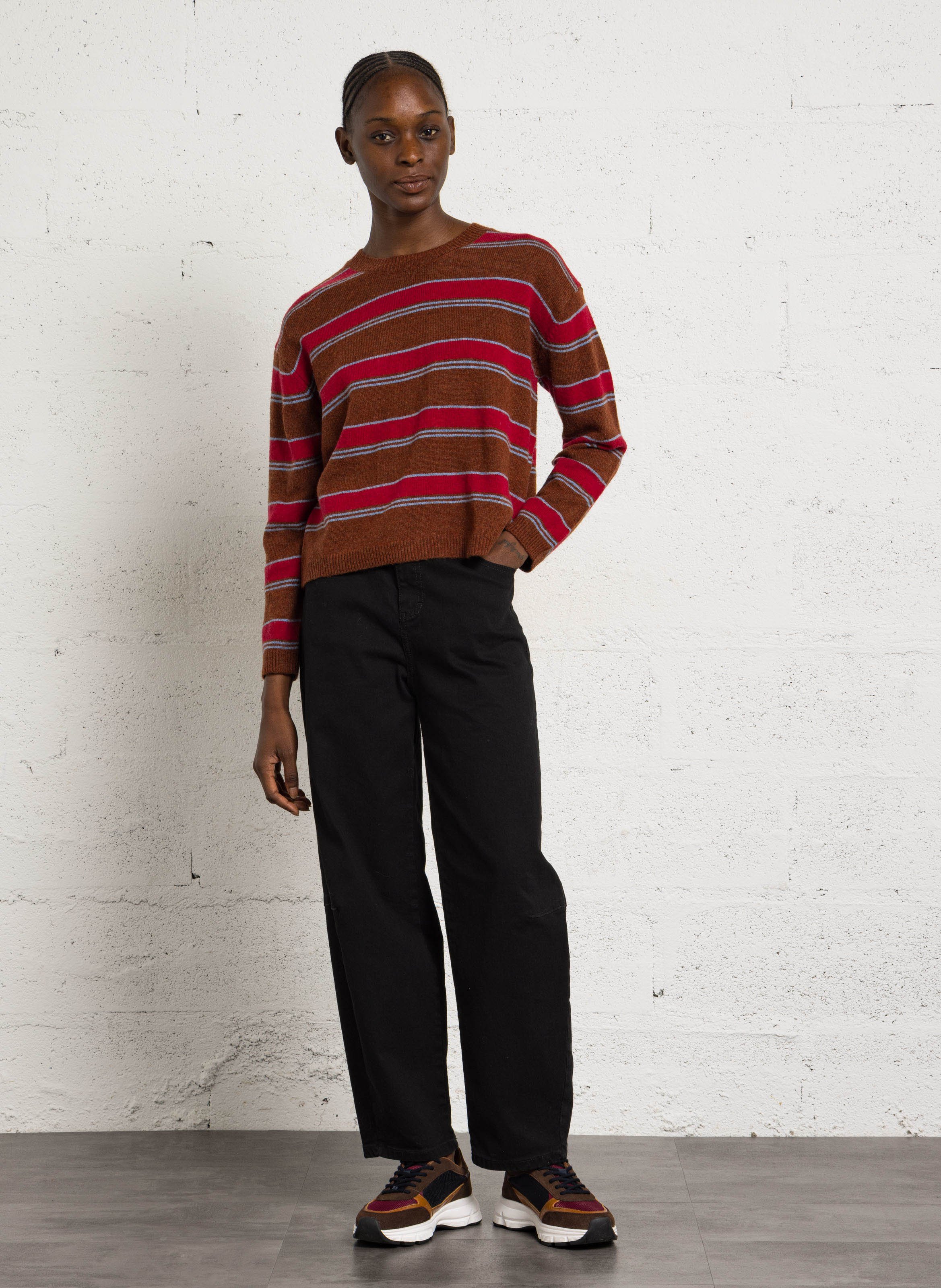 Pull oversize col rond en laine mélangée rayée NICE THINGS Marron