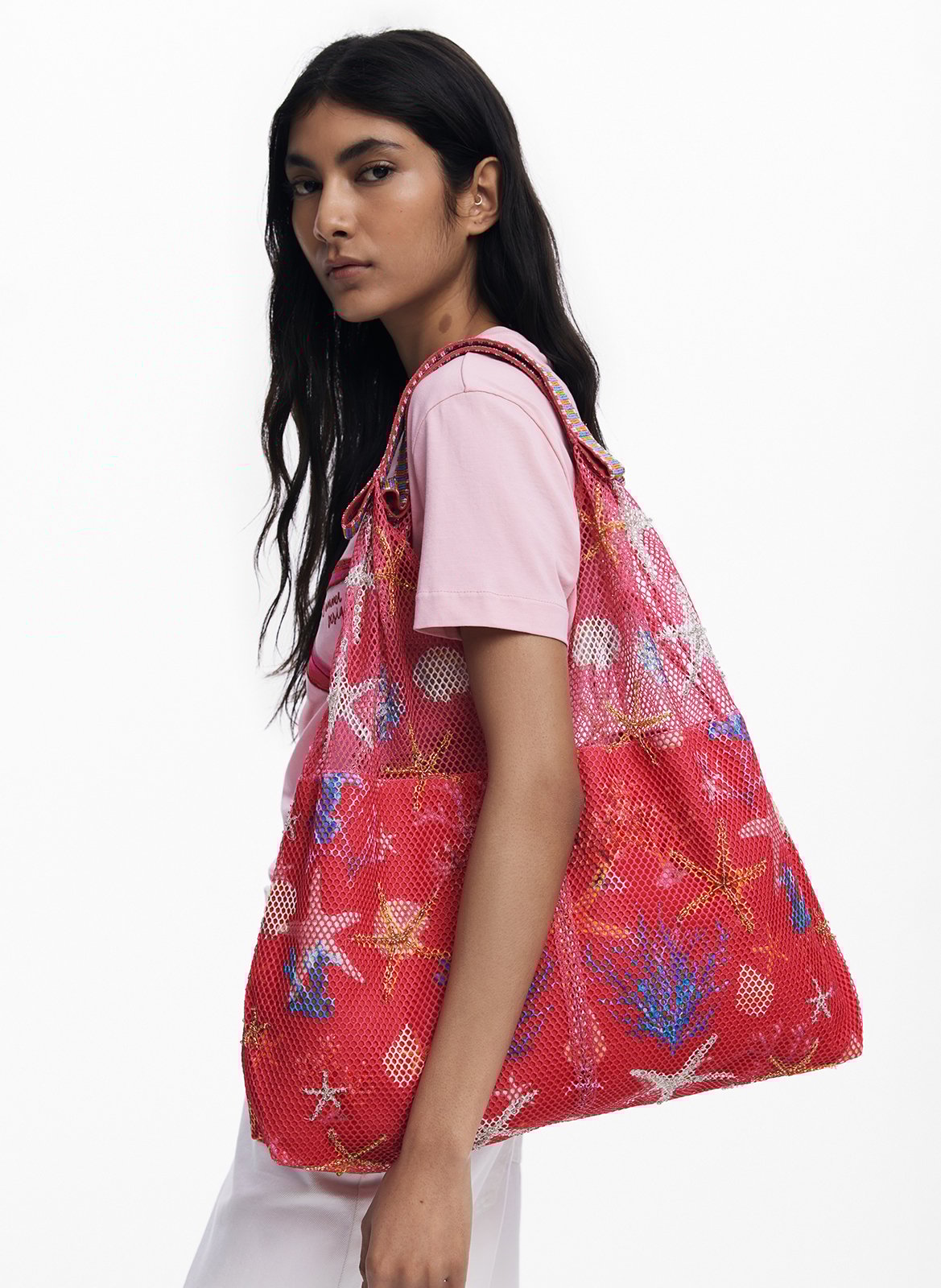 Cabas porté épaulé ajouré à motifs DESIGUAL Rouge