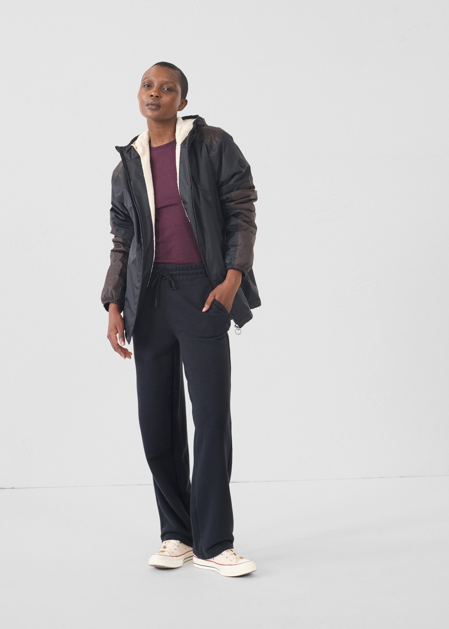 Sherpa-lined waterproof coat. Black