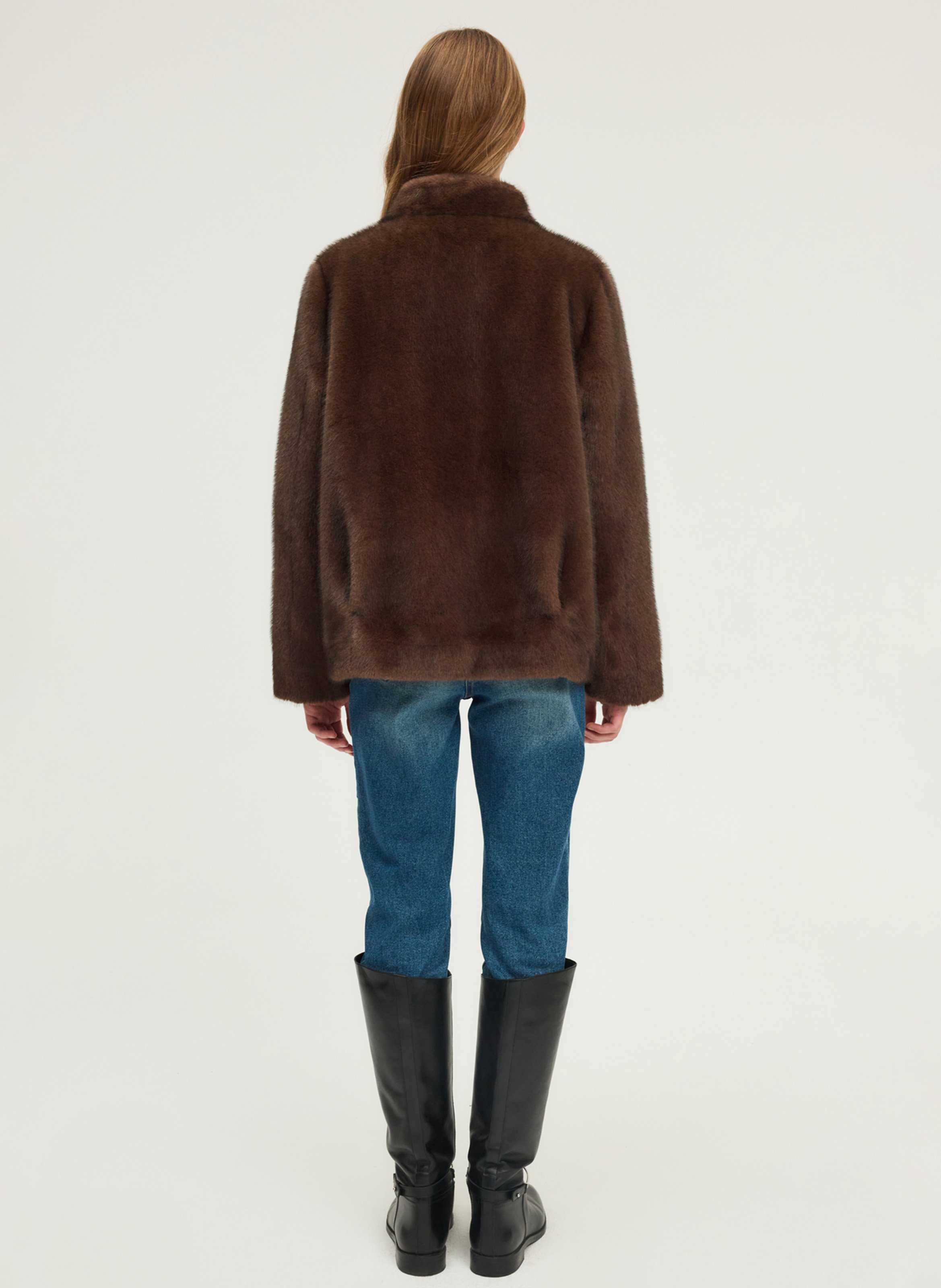 Straight coat with high synthetic fur collar PABLO Brown