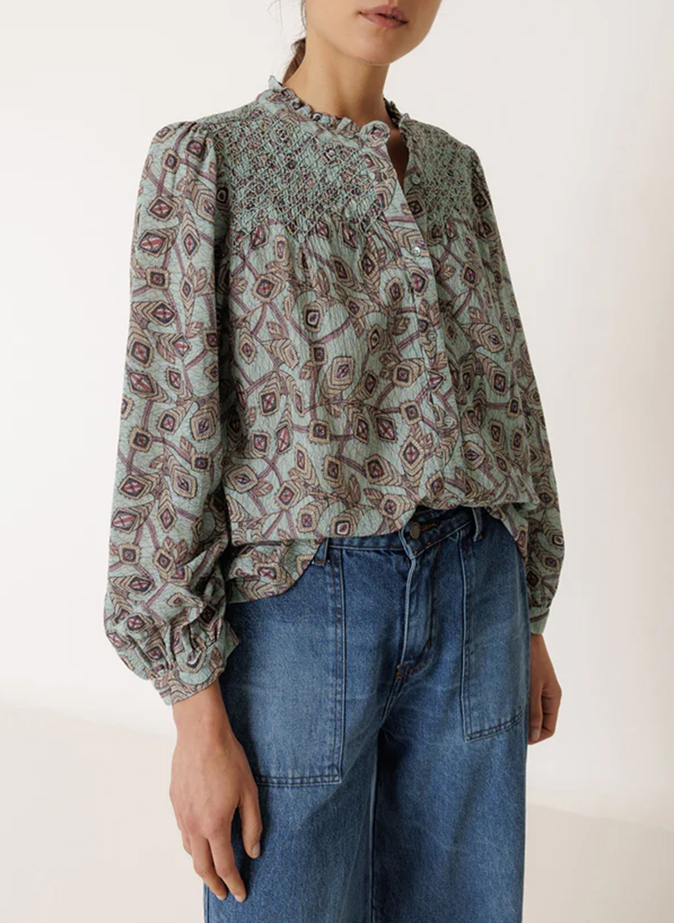 Chemise ample col mao en coton INDI & COLD Bleu