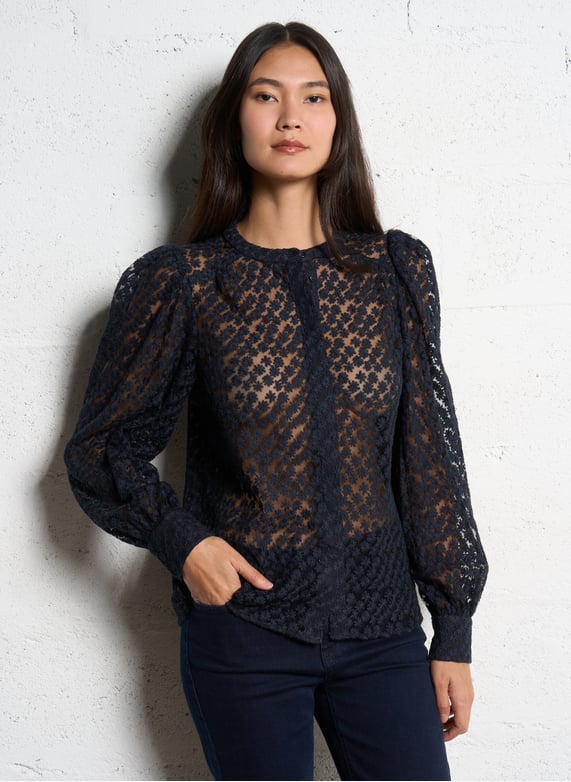 Chemisier col rond broderie florale Camomille Bleu Maison 123