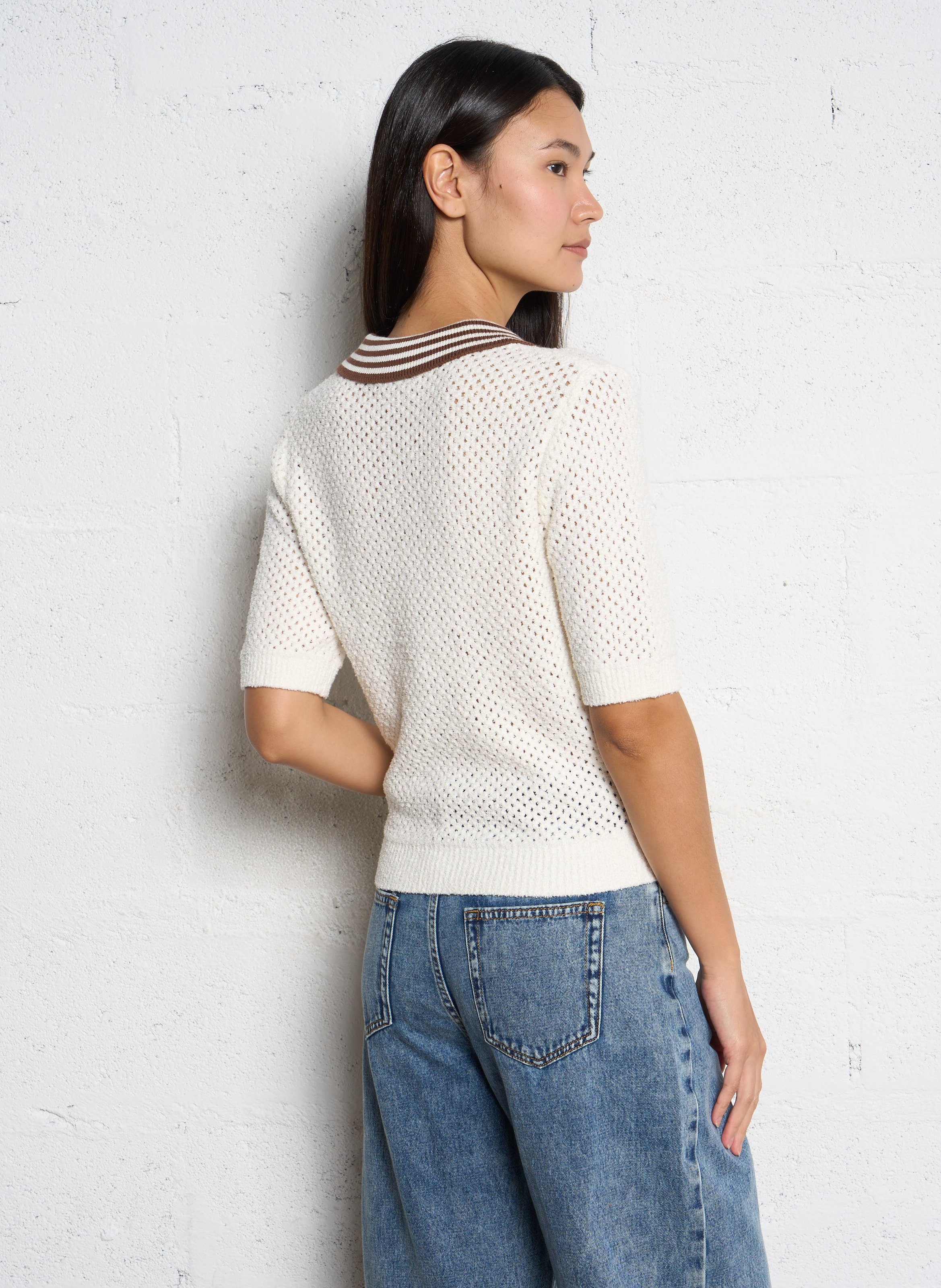 Pull droit col polo ajouré  SUNCOO Blanc