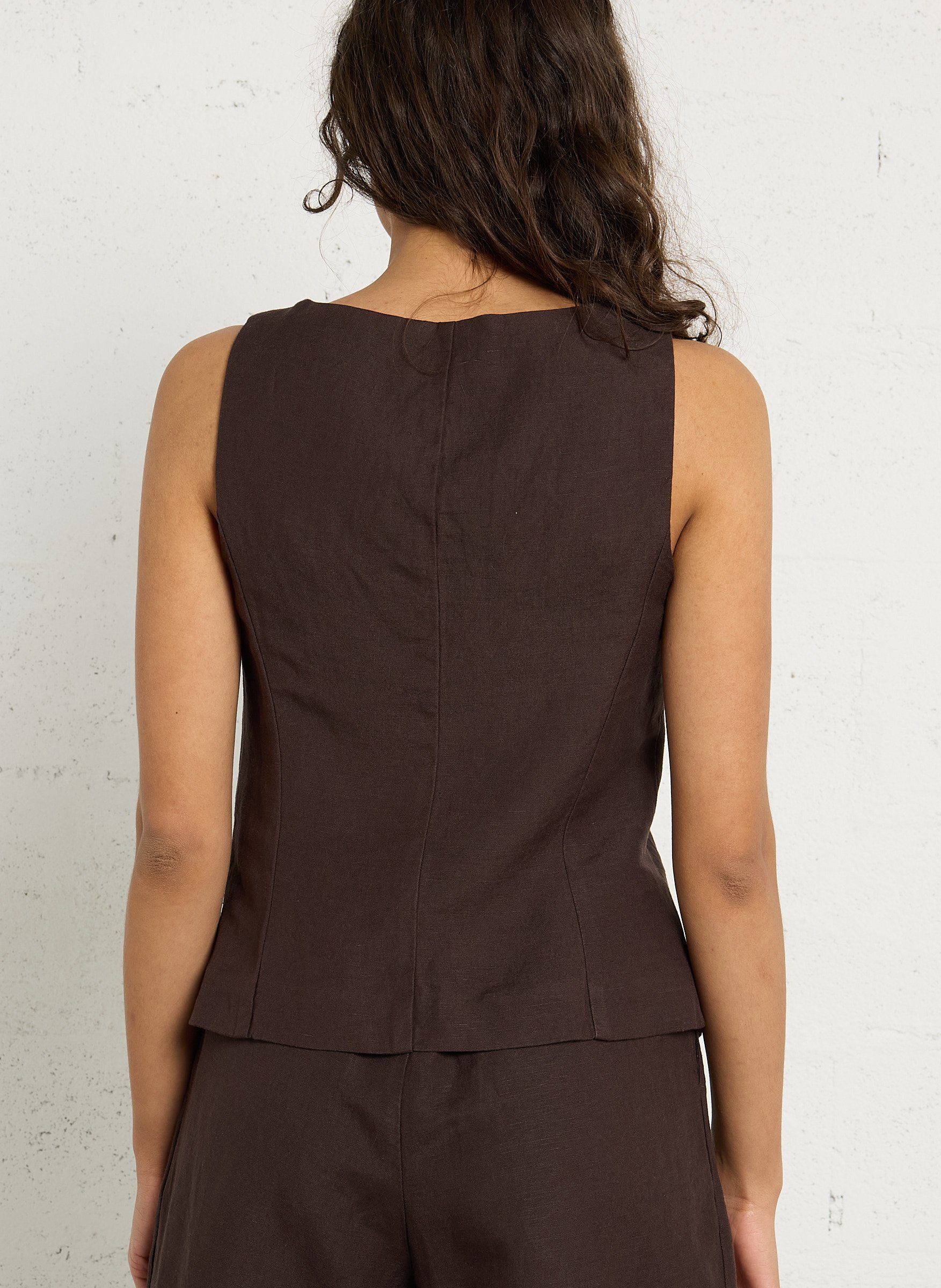 Top col carré en lin mélangé DES PETITS HAUTS Marron