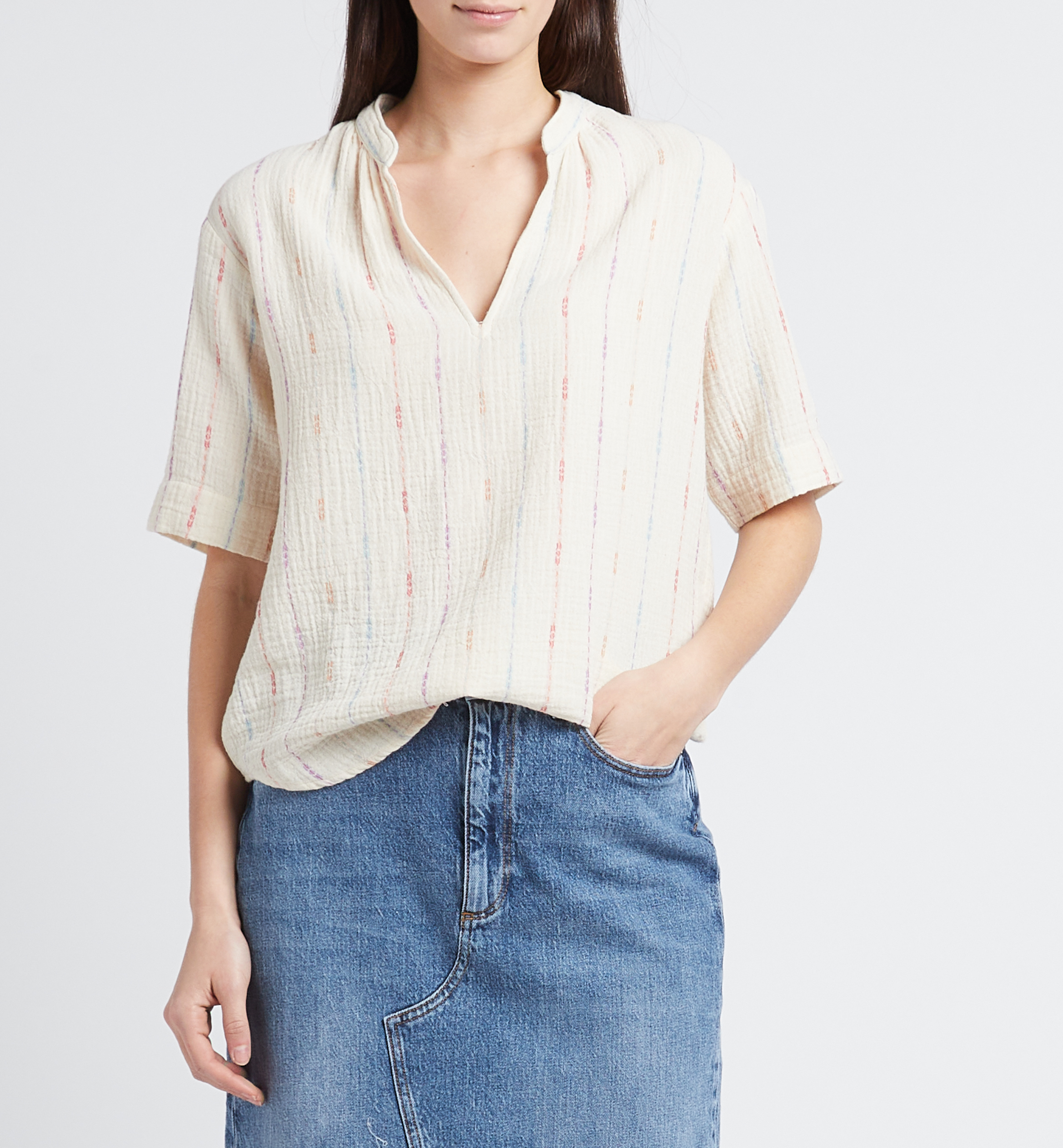 Straight cotton-blend V-neck top HARTFORD White