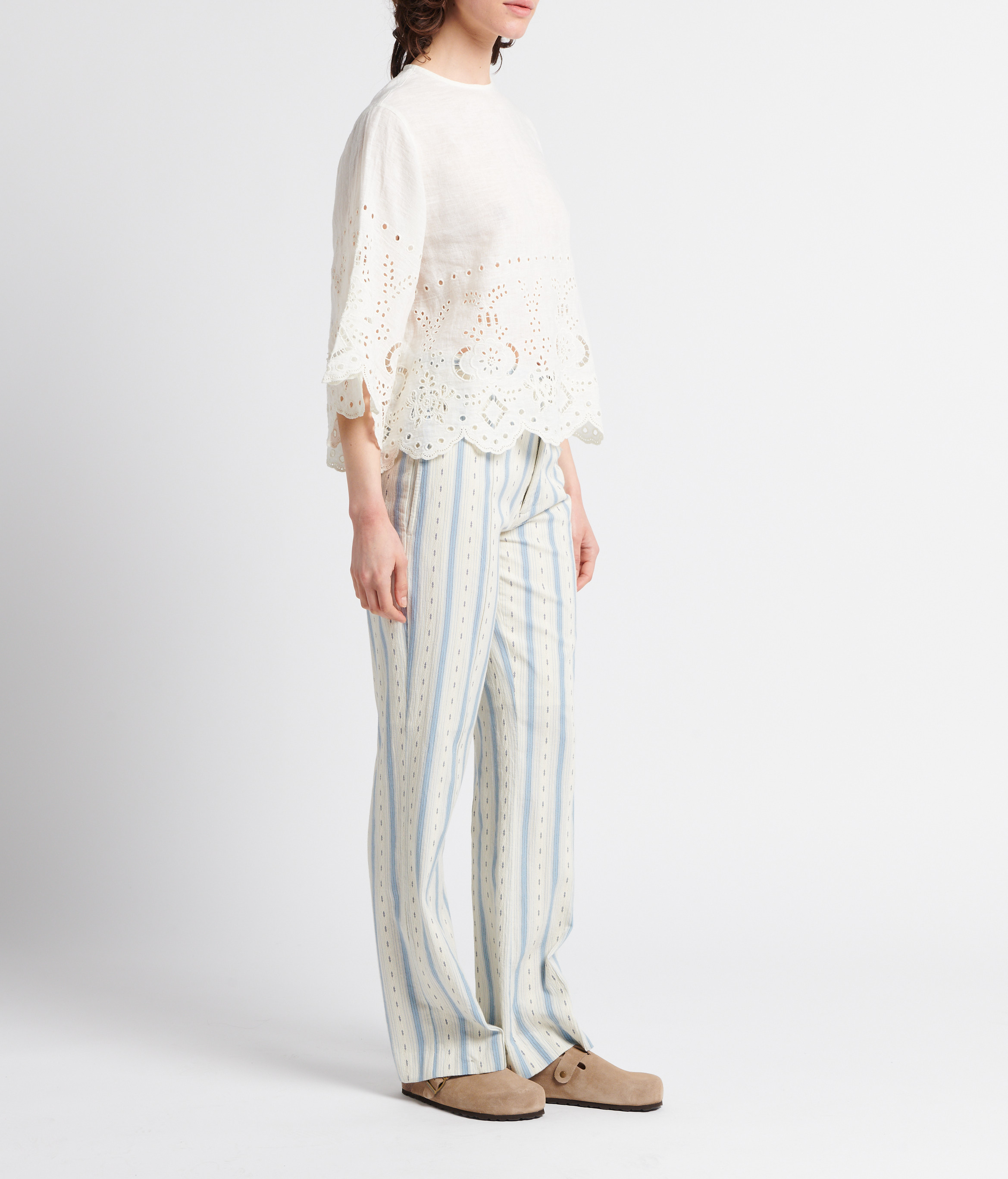 Pantalon droit taille haute en coton texturé LAURENCE BRAS Bleu