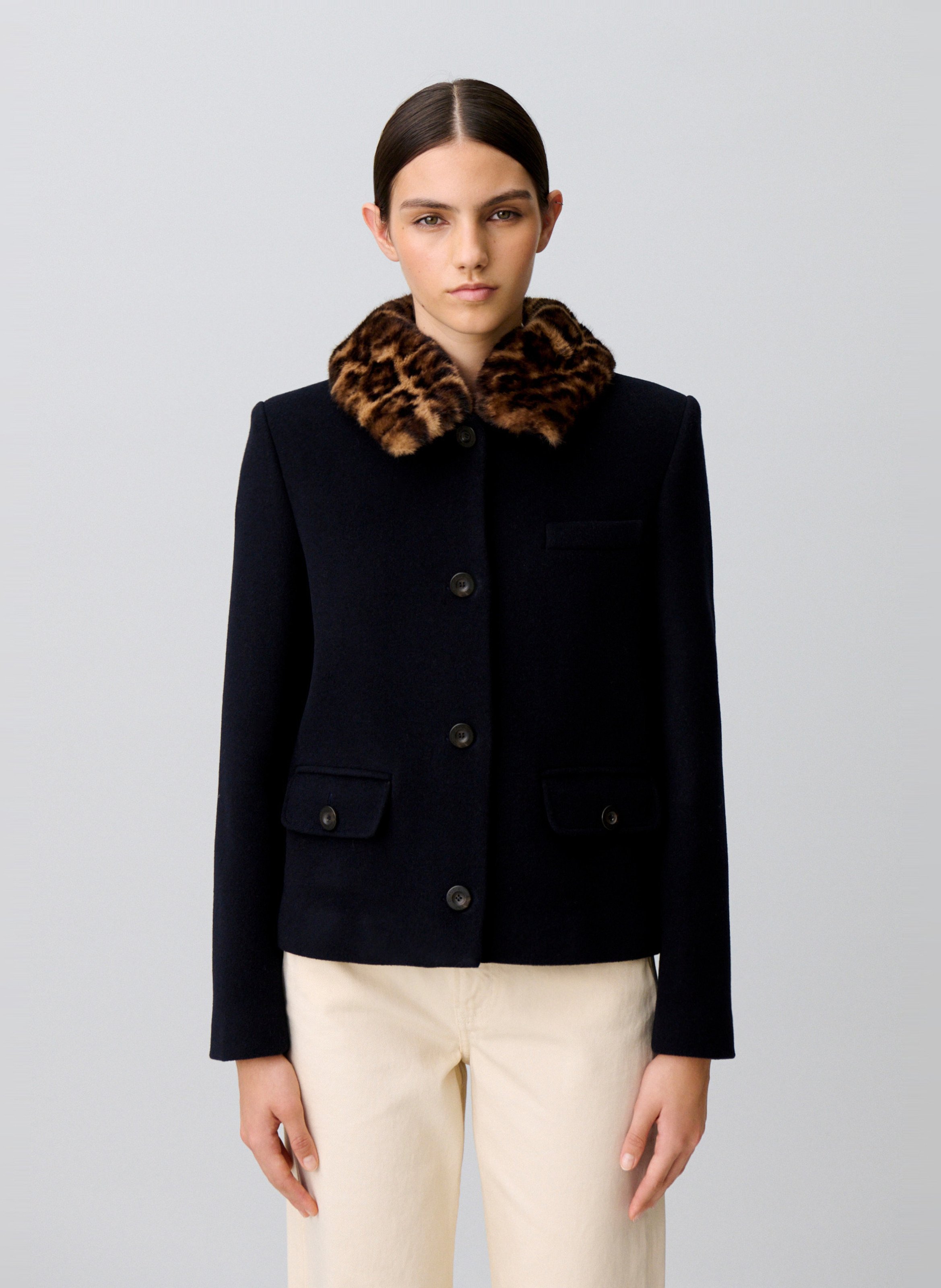 Mantel van gemengde wol met afneembare luipaardkraag CLAUDIE PIERLOT Blauw