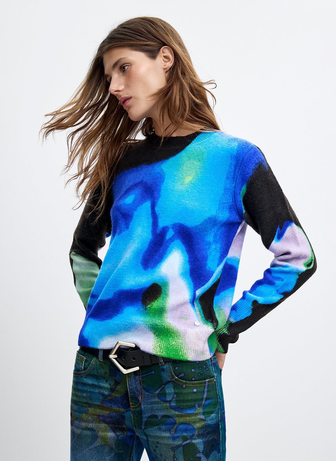 Round-neck printed sweater DESIGUAL Blue