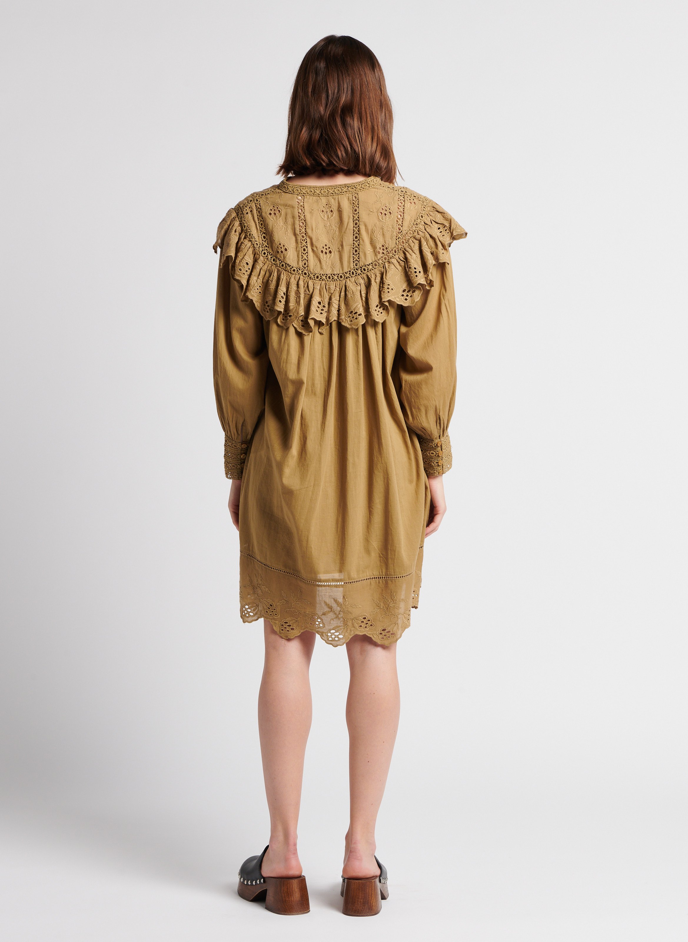 Robe courte col rond en voile de coton BELLEPIECE Kaki