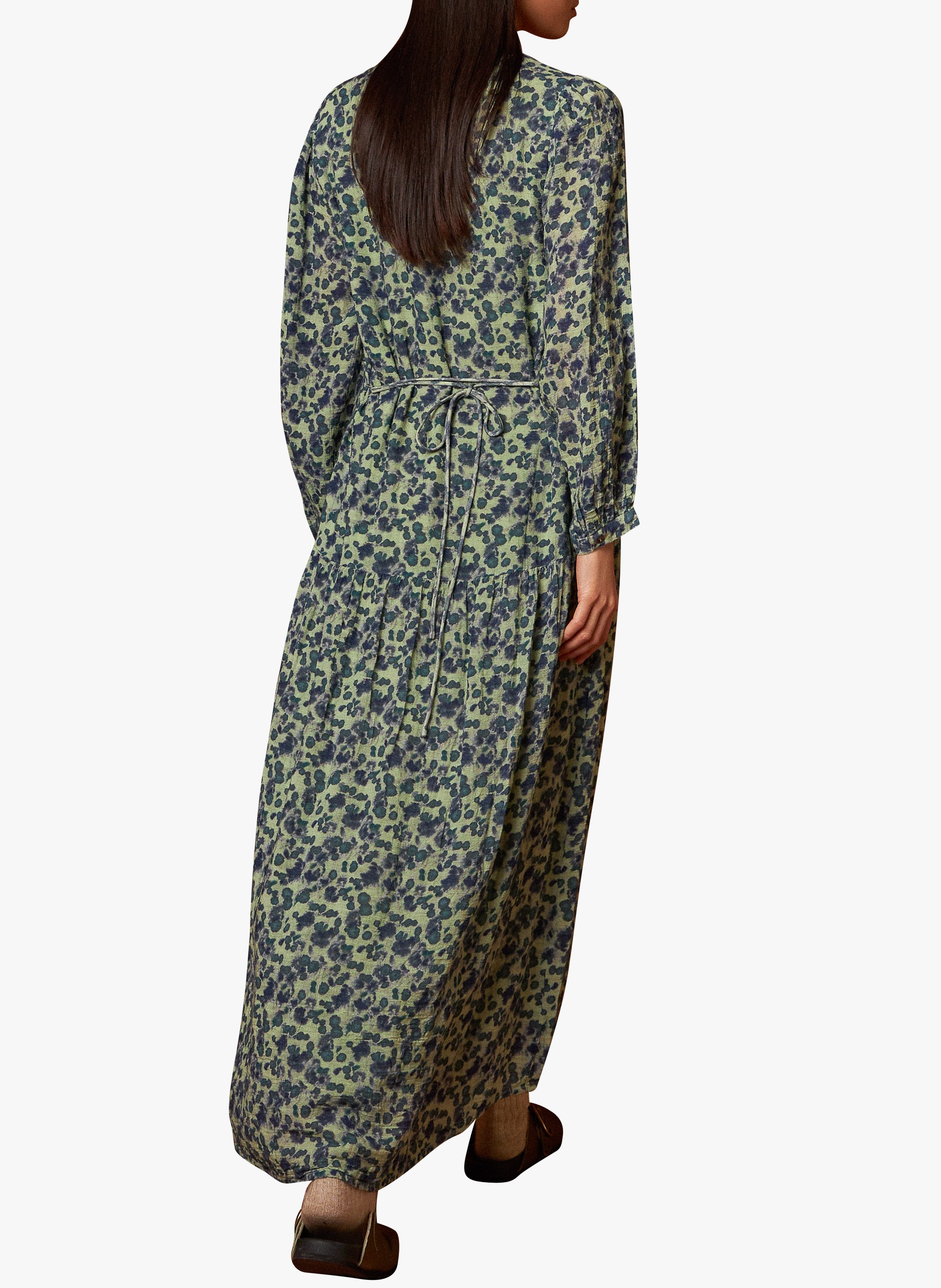 Long V-neck organic cotton printed maxi dress INDI & COLD Green