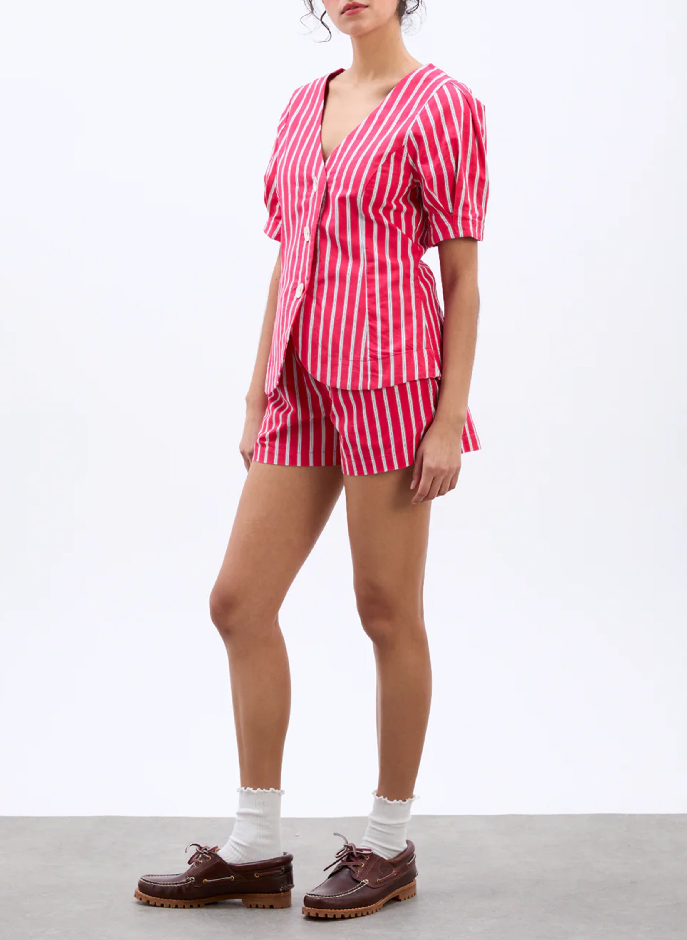 Striped organic cotton v-neck top DAMSON MADDER Brown