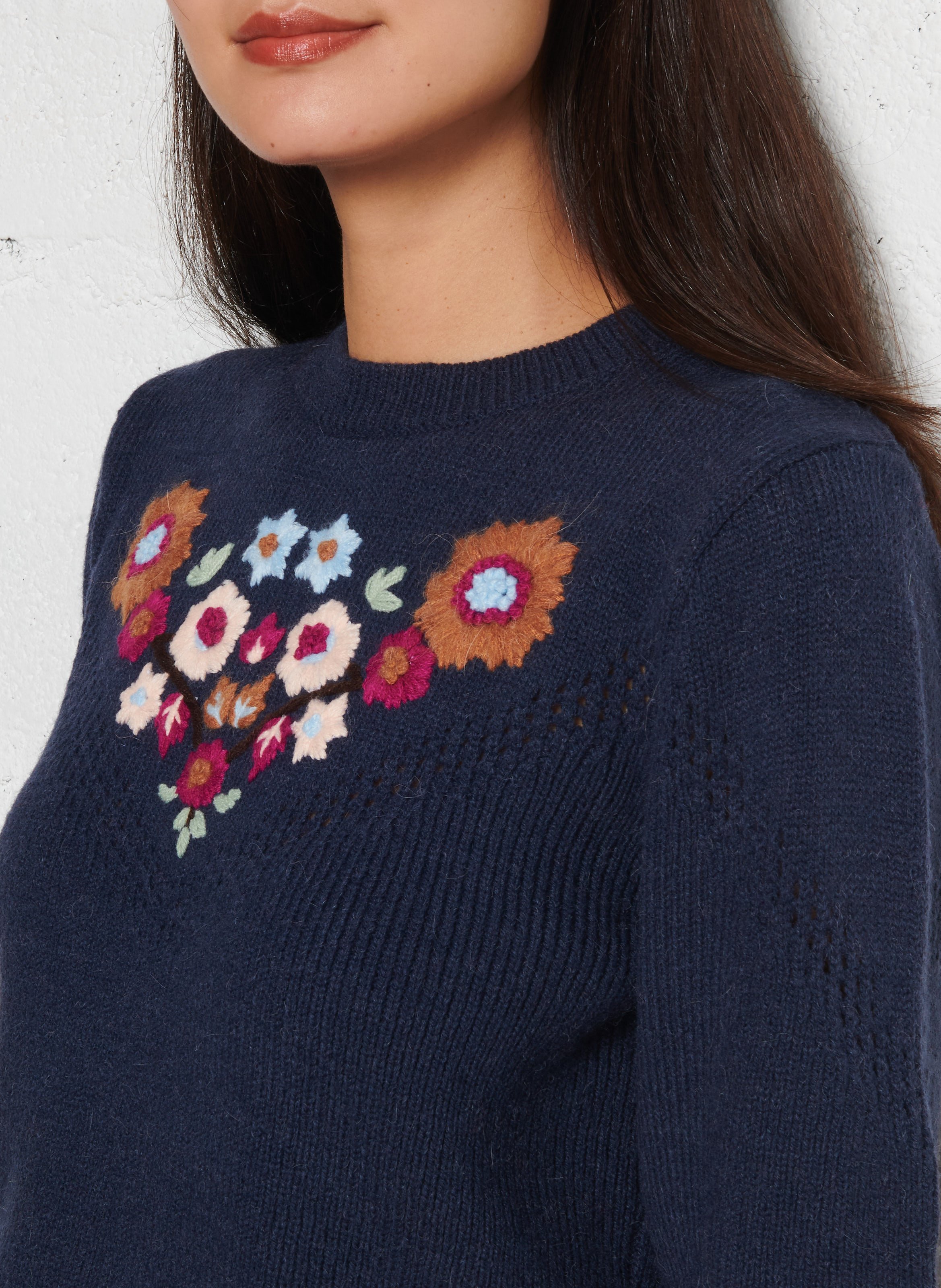 Pull droit uni à broderies fleurs LOUISE MISHA Bleu