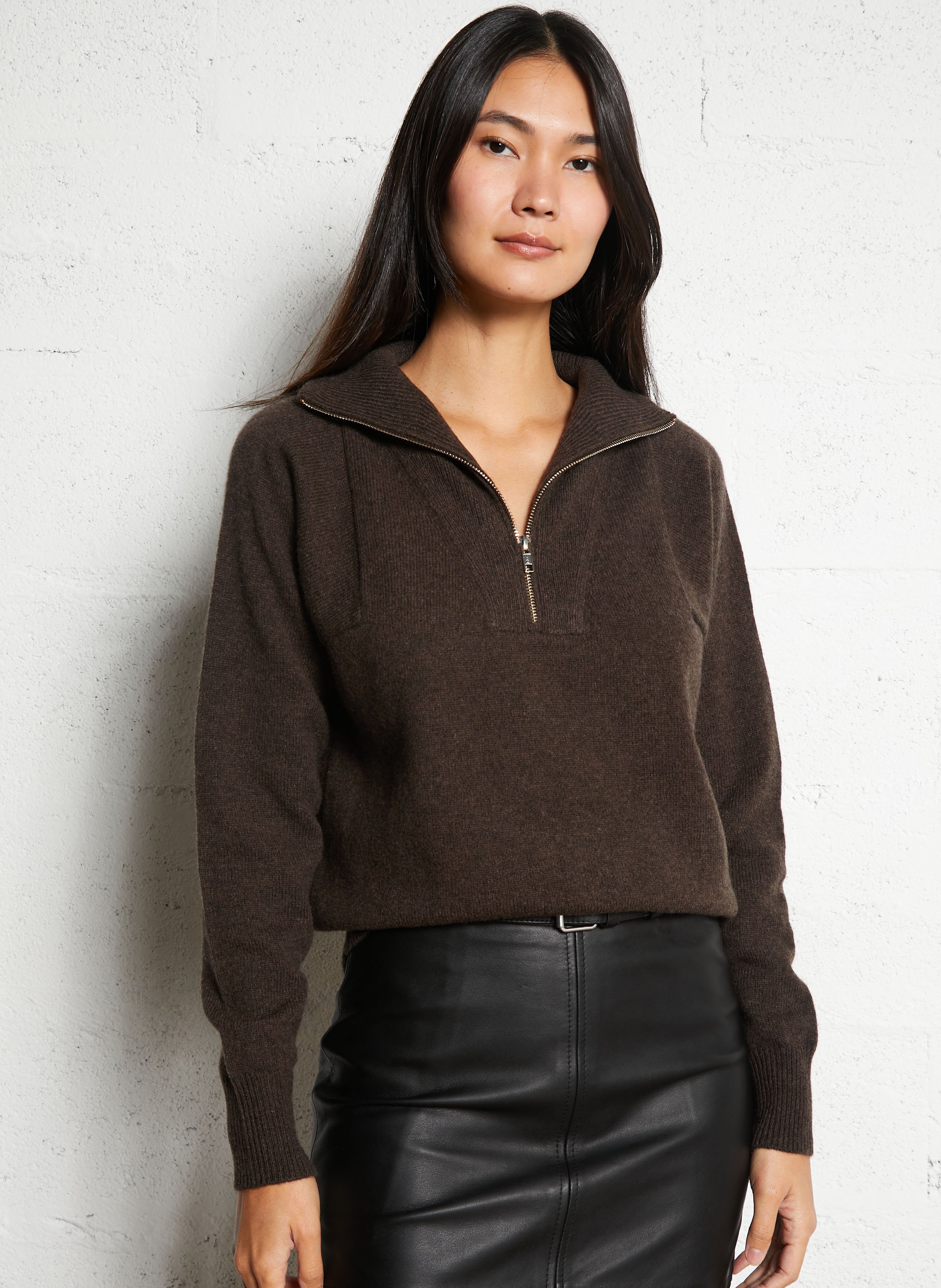 Pull oversize col montant zippé en laine MAISON 123 Marron