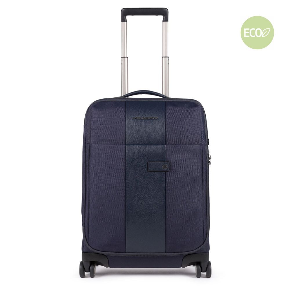Ultra-flat 4-wheel cabin trolley suitcase in recycled fabric with TSA lock PIQUADRO Blue