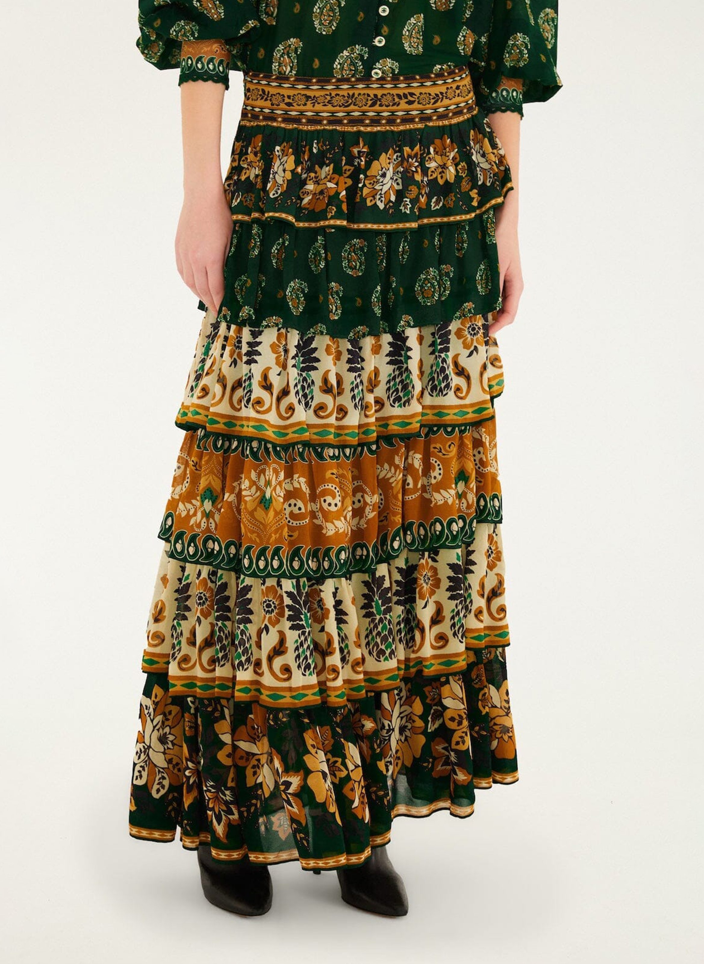 Flounced long skirt with floral print FARM RIO Green