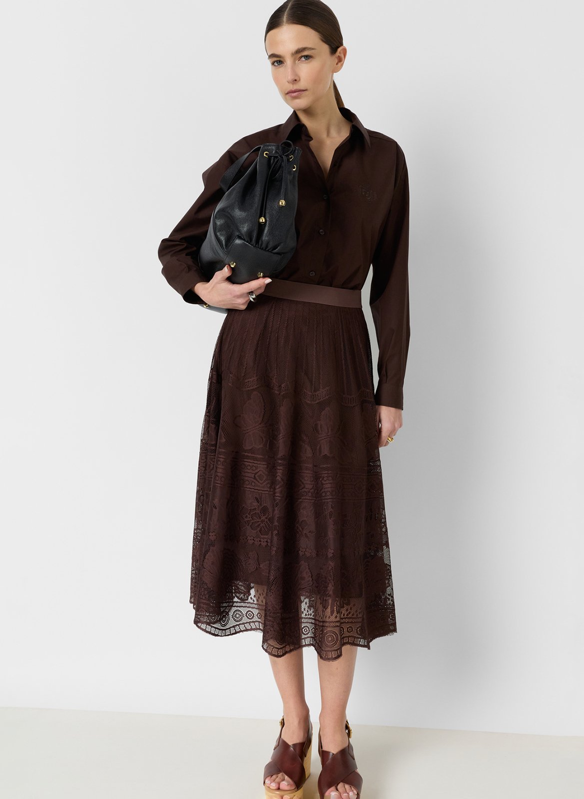 Jupe midi évasée en dentelle GERARD DAREL Marron