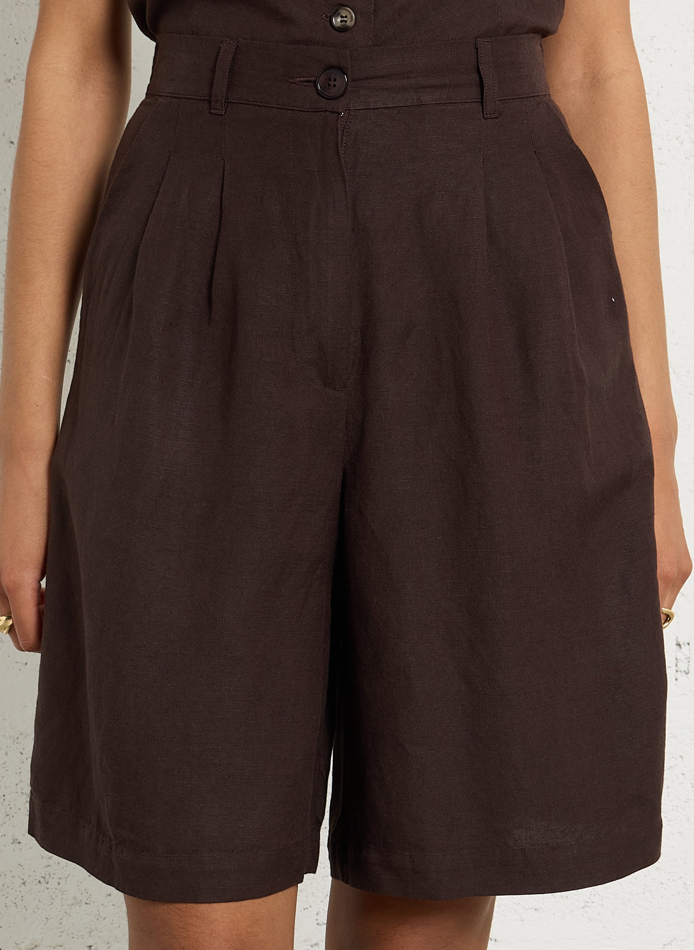 Straight linen-blend Bermuda shorts DES PETITS HAUTS Brown