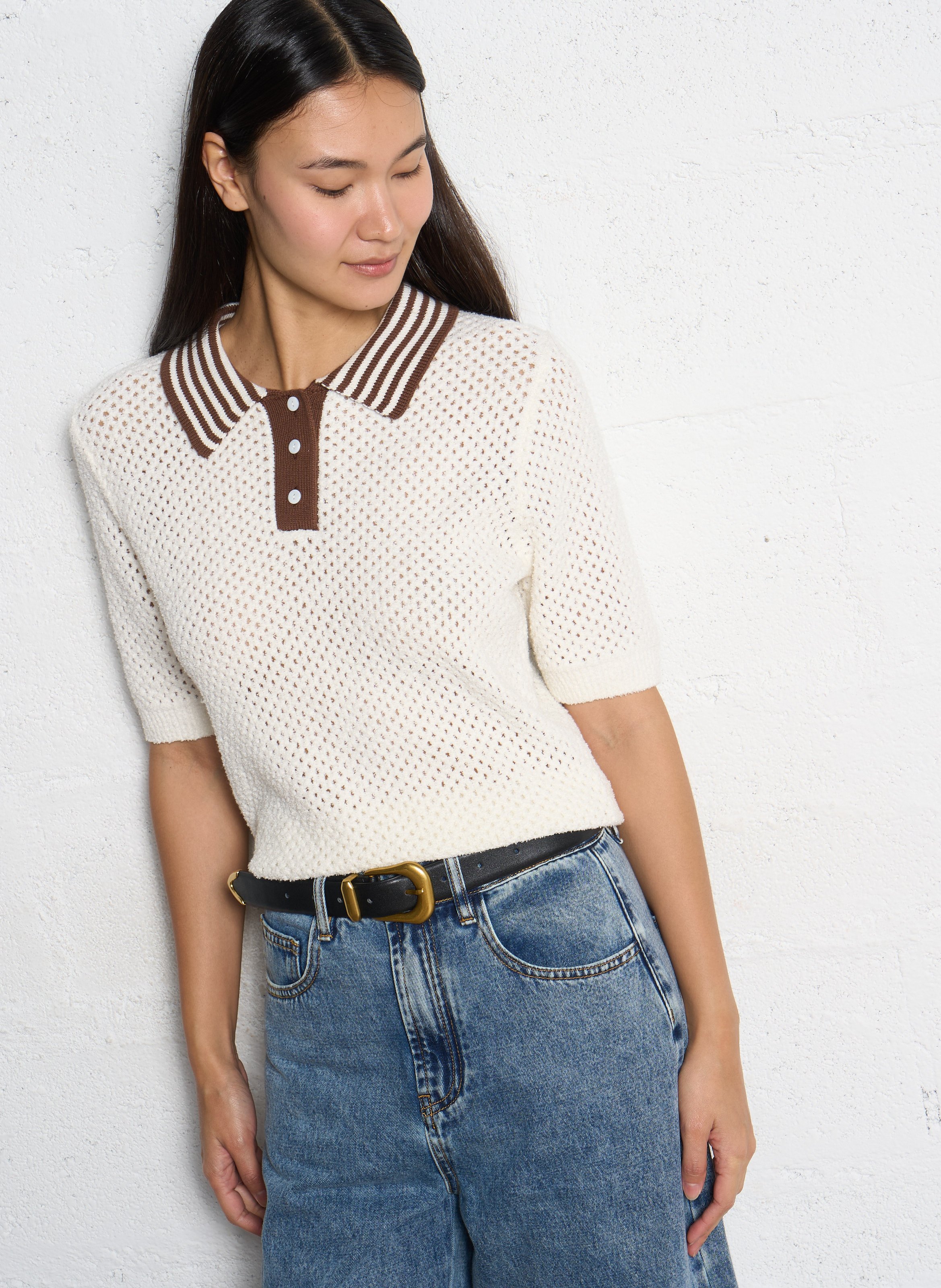 Pull droit col polo ajouré  SUNCOO Blanc