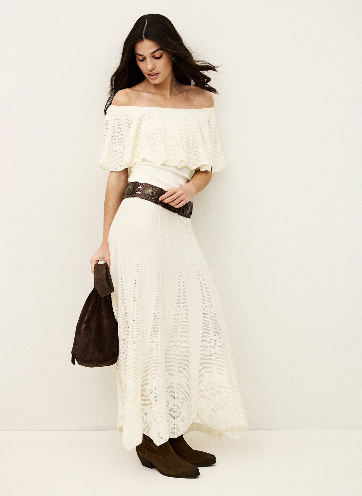 Jupe longue évasée à détails ajourés BA&SH Beige