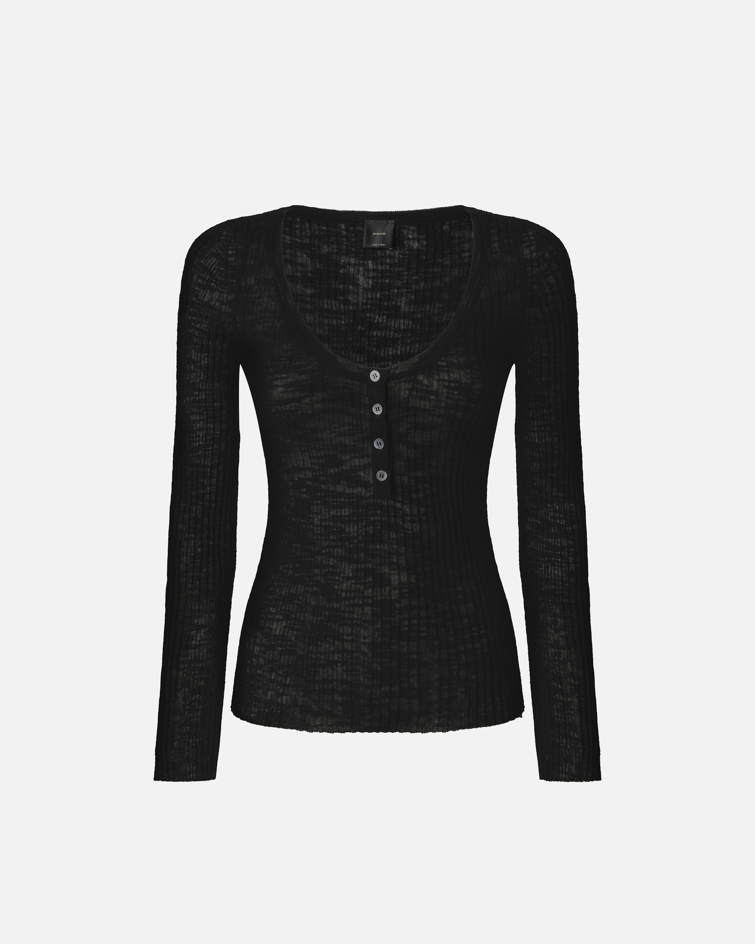 T-shirt col tunisien léger en coton côtelé PINKO Noir