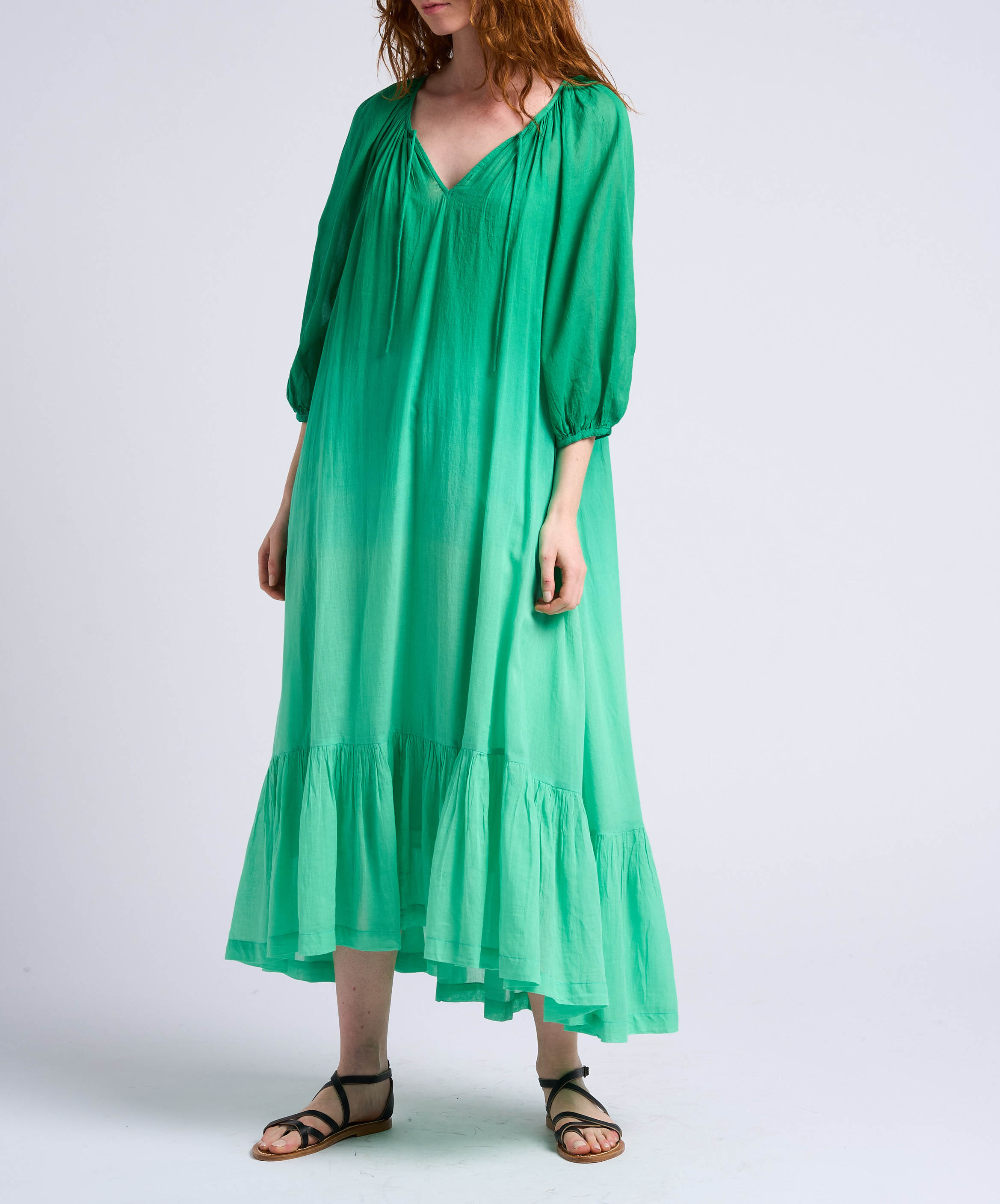 Robe longue ample avec fronces en coton SWILDENS Vert