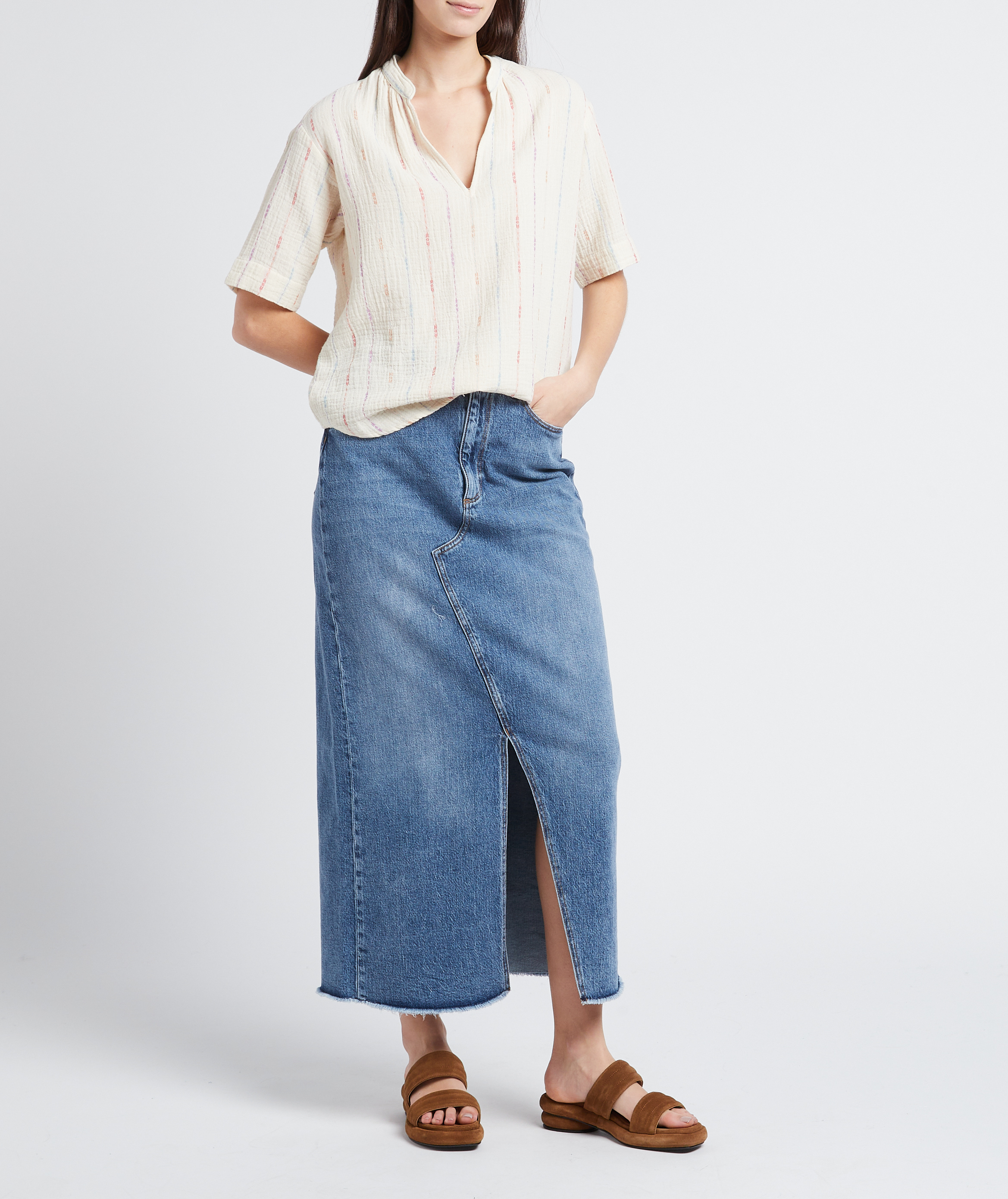 Straight cotton-blend V-neck top HARTFORD White