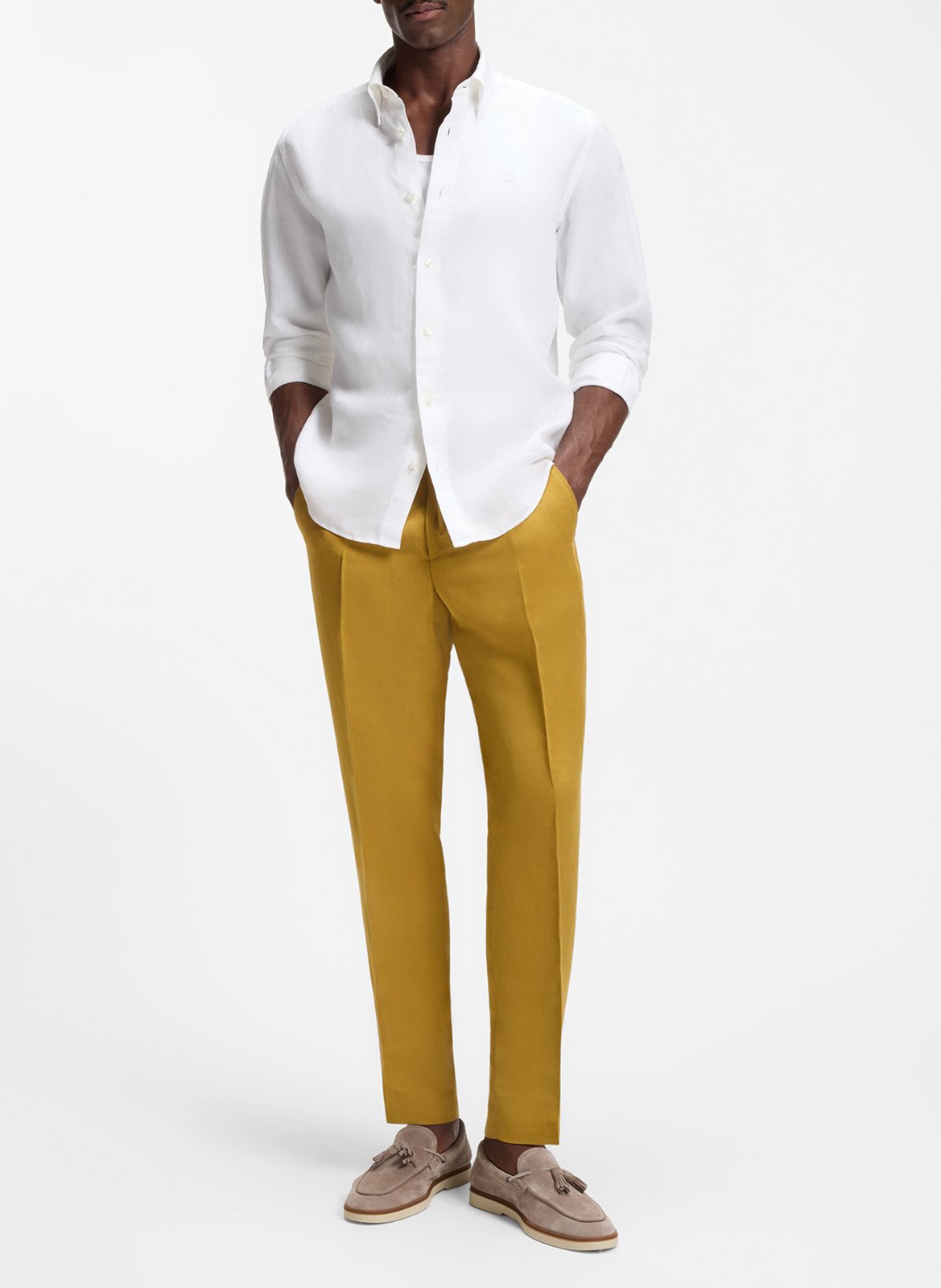 Classic-neck linen shirt BOSS White