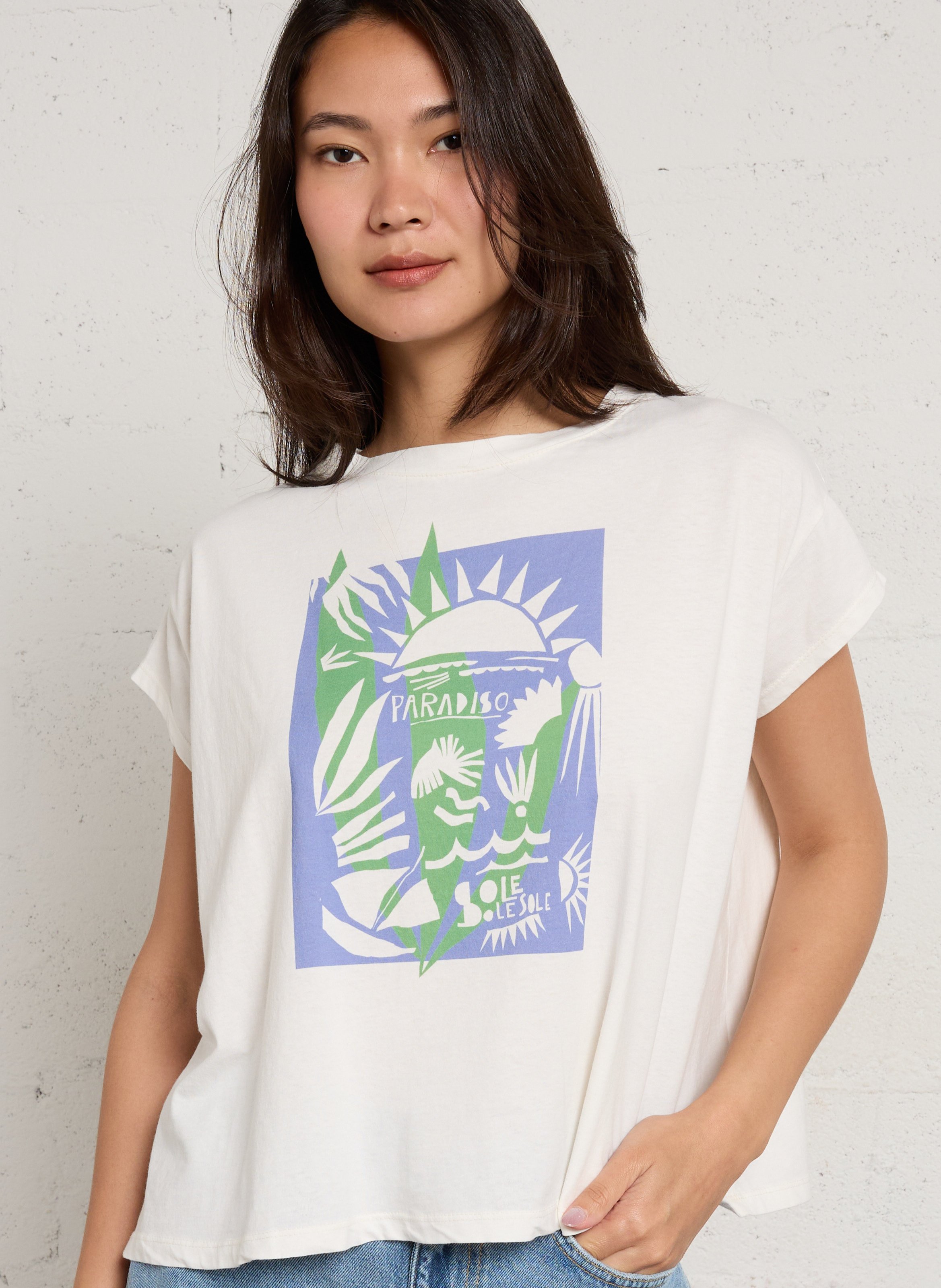 Locker geschnittenes T-Shirt mit Rundhalsausschnitt und Druck TINSELS Weiss