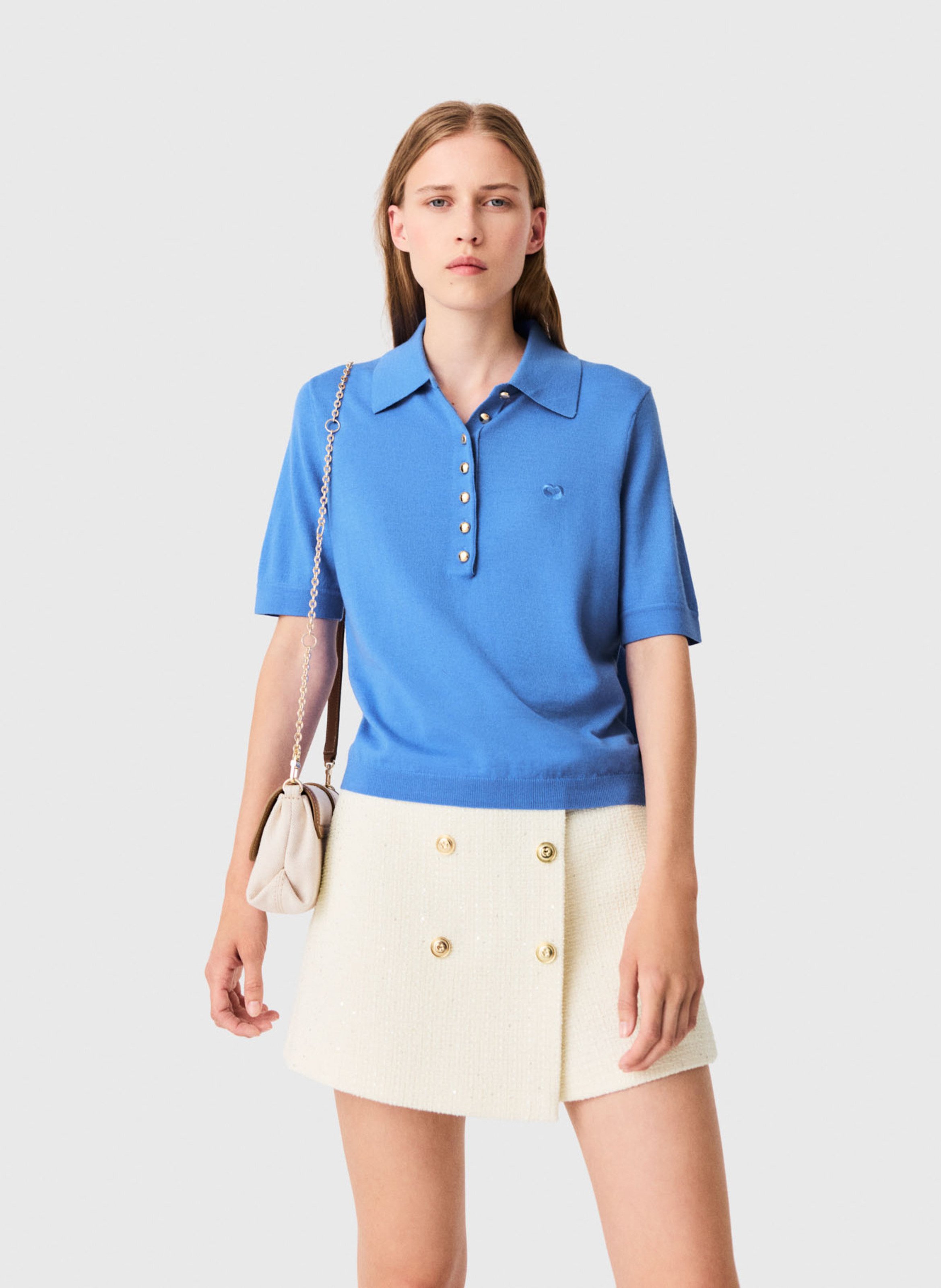 Polo droit uni en laine MAJE Bleu