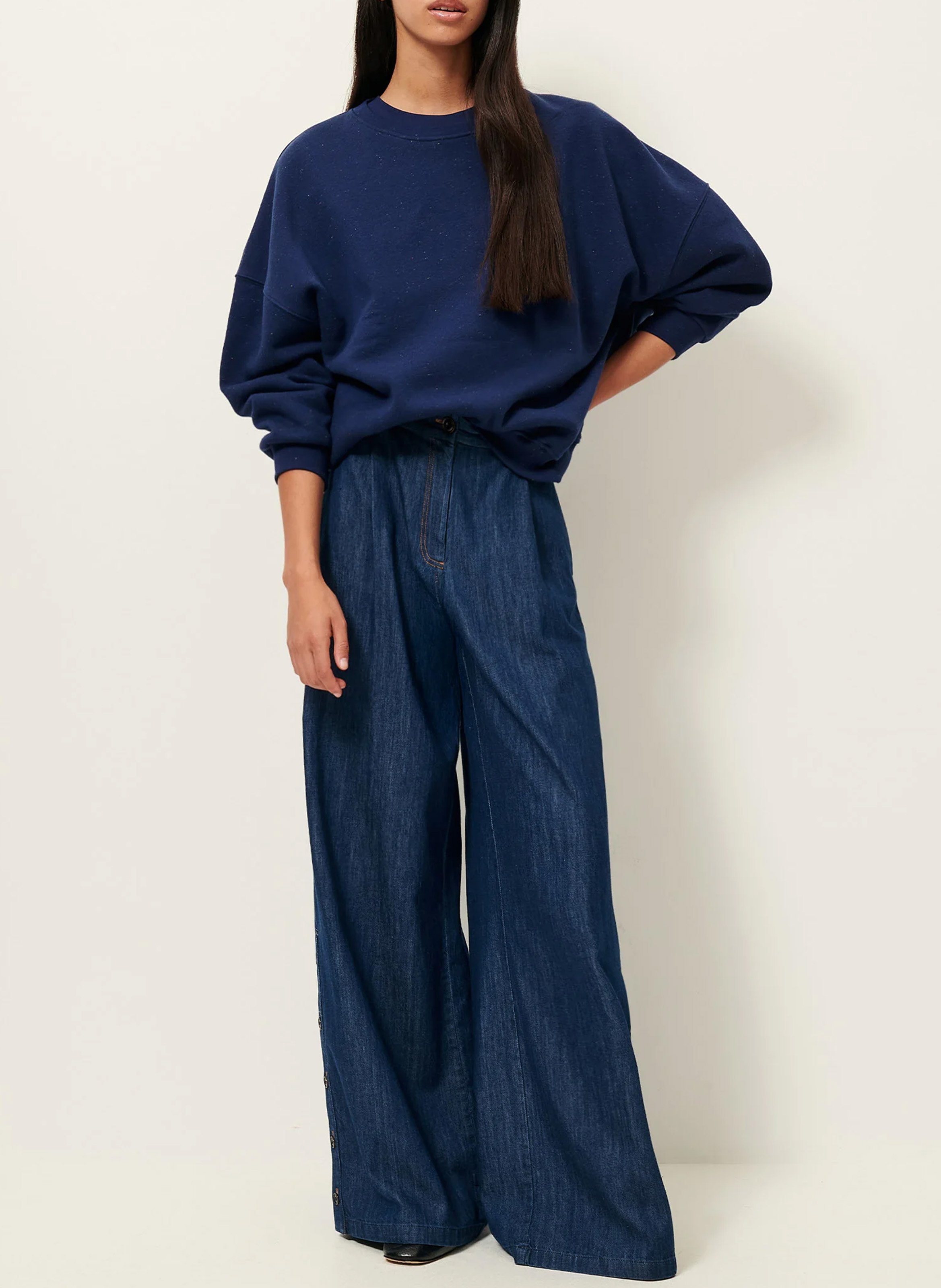 Oversized round-neck cotton-blend sweatshirt | Blue SESSUN Women