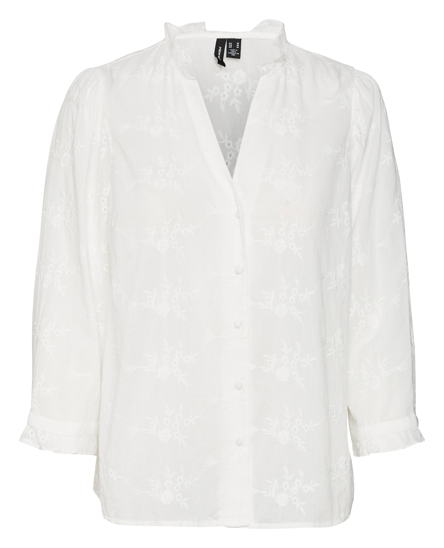 Gerade geschnittenes Baumwollhemd mit V-Ausschnitt und Stickerei Weiss