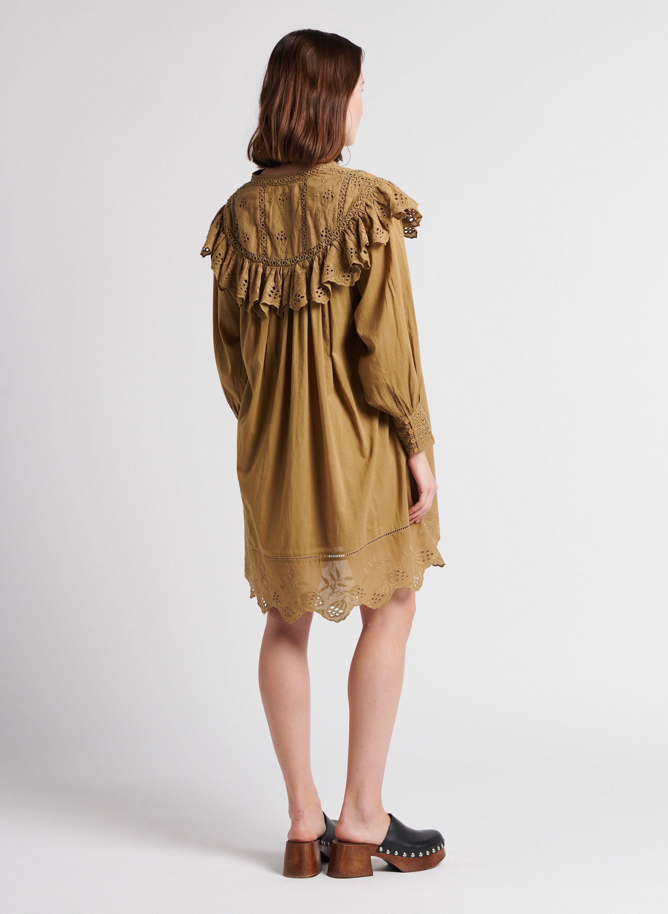 Robe courte col rond en voile de coton BELLEPIECE Kaki