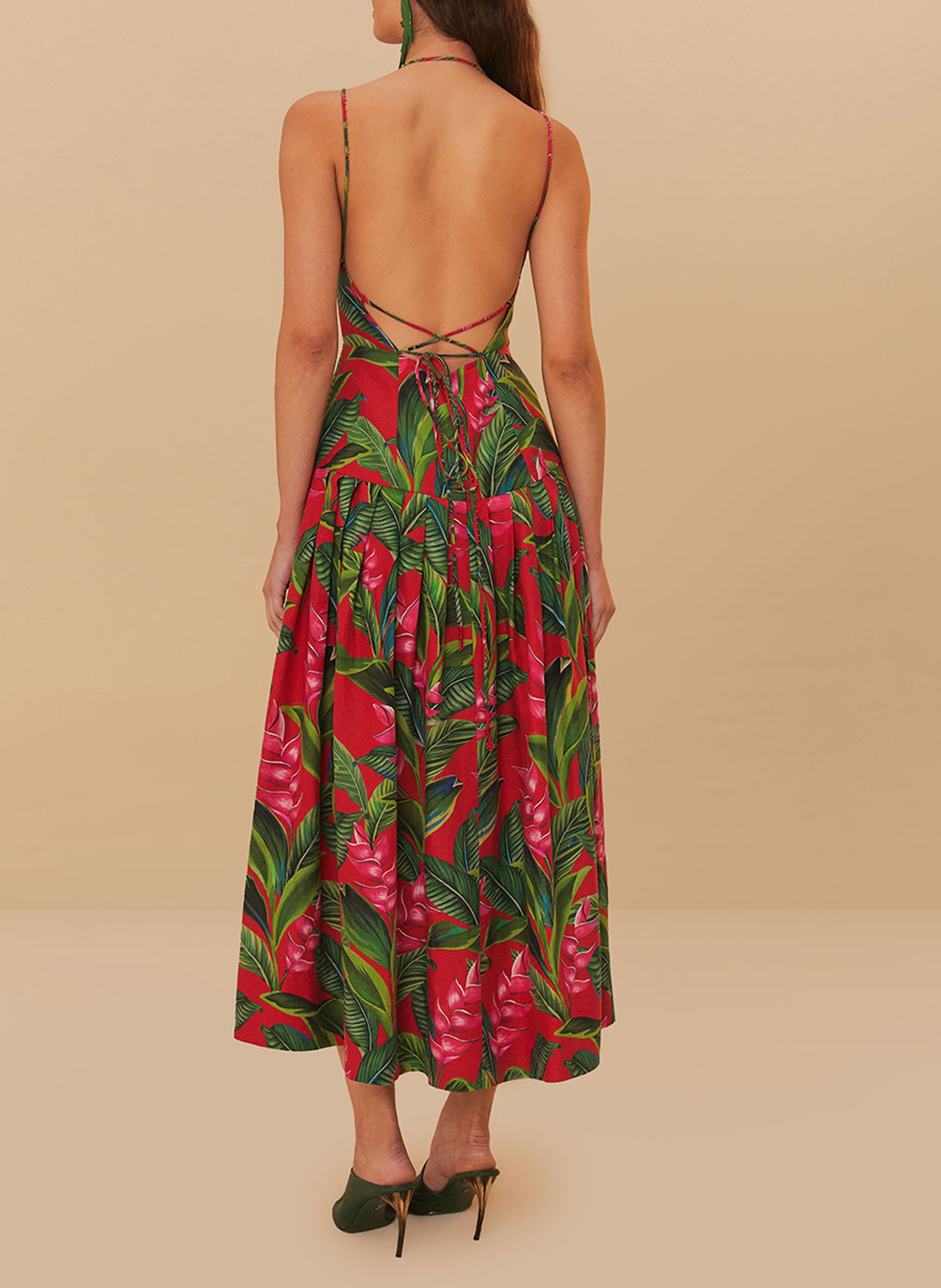 Square Neck Midi Dress in Linen Blend FARM RIO Red