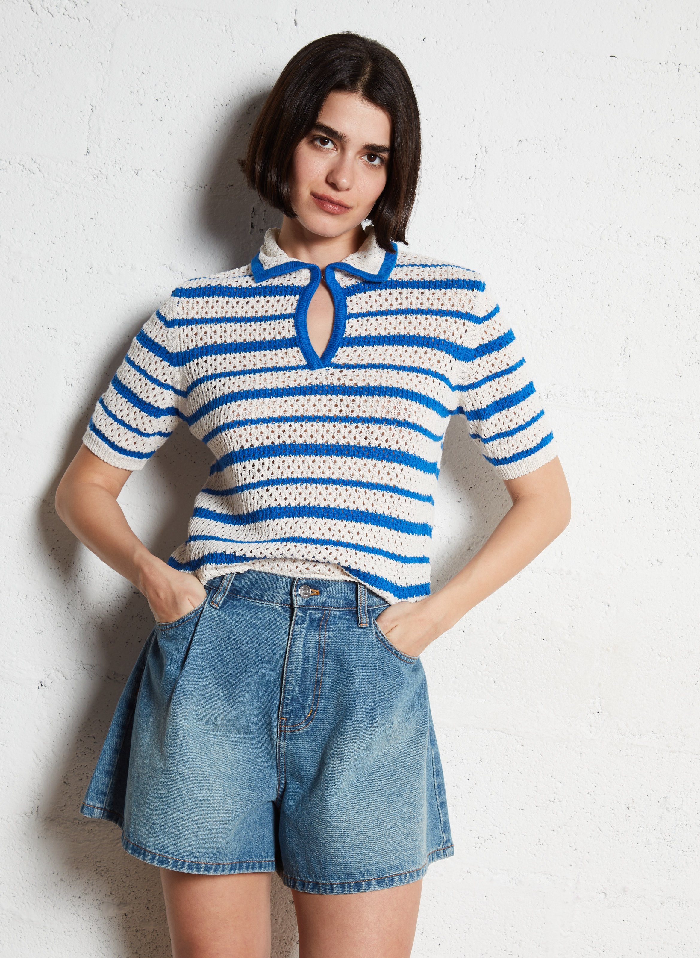 Striped openwork knit polo TINSELS Blue