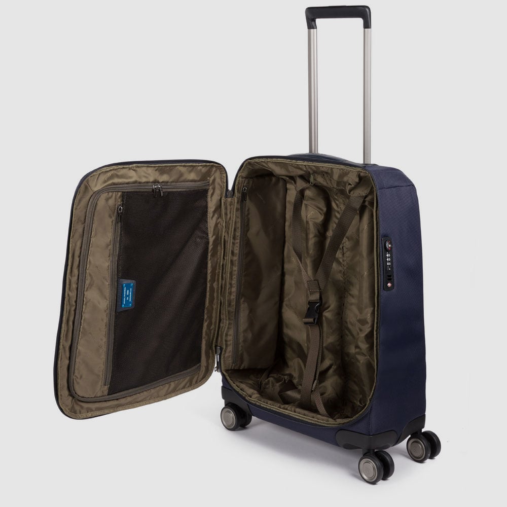 Ultra-flat 4-wheel cabin trolley suitcase in recycled fabric with TSA lock PIQUADRO Blue