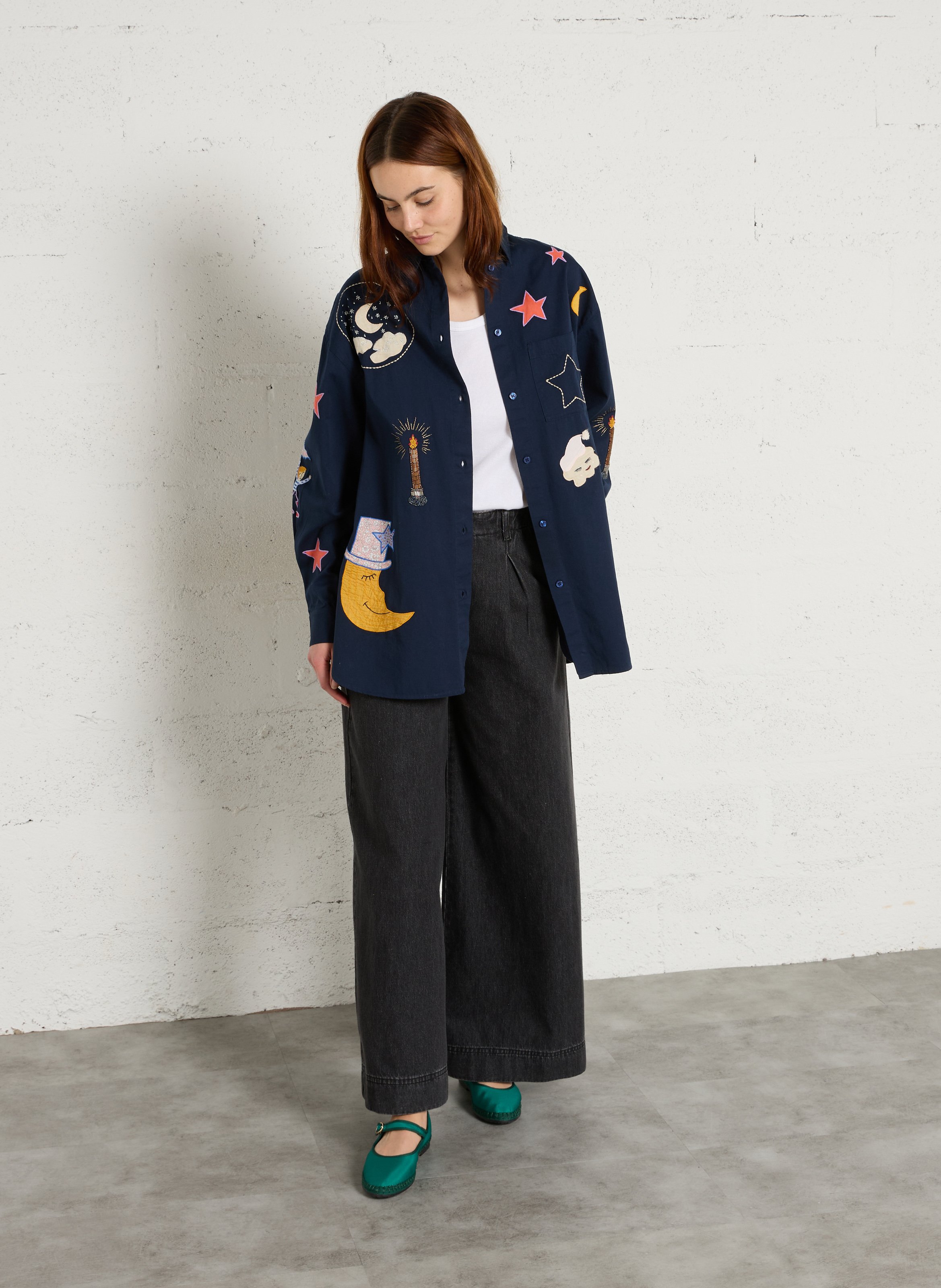 Oversized Bio-Baumwollhemd mit Stickerei STELLA NOVA Blau