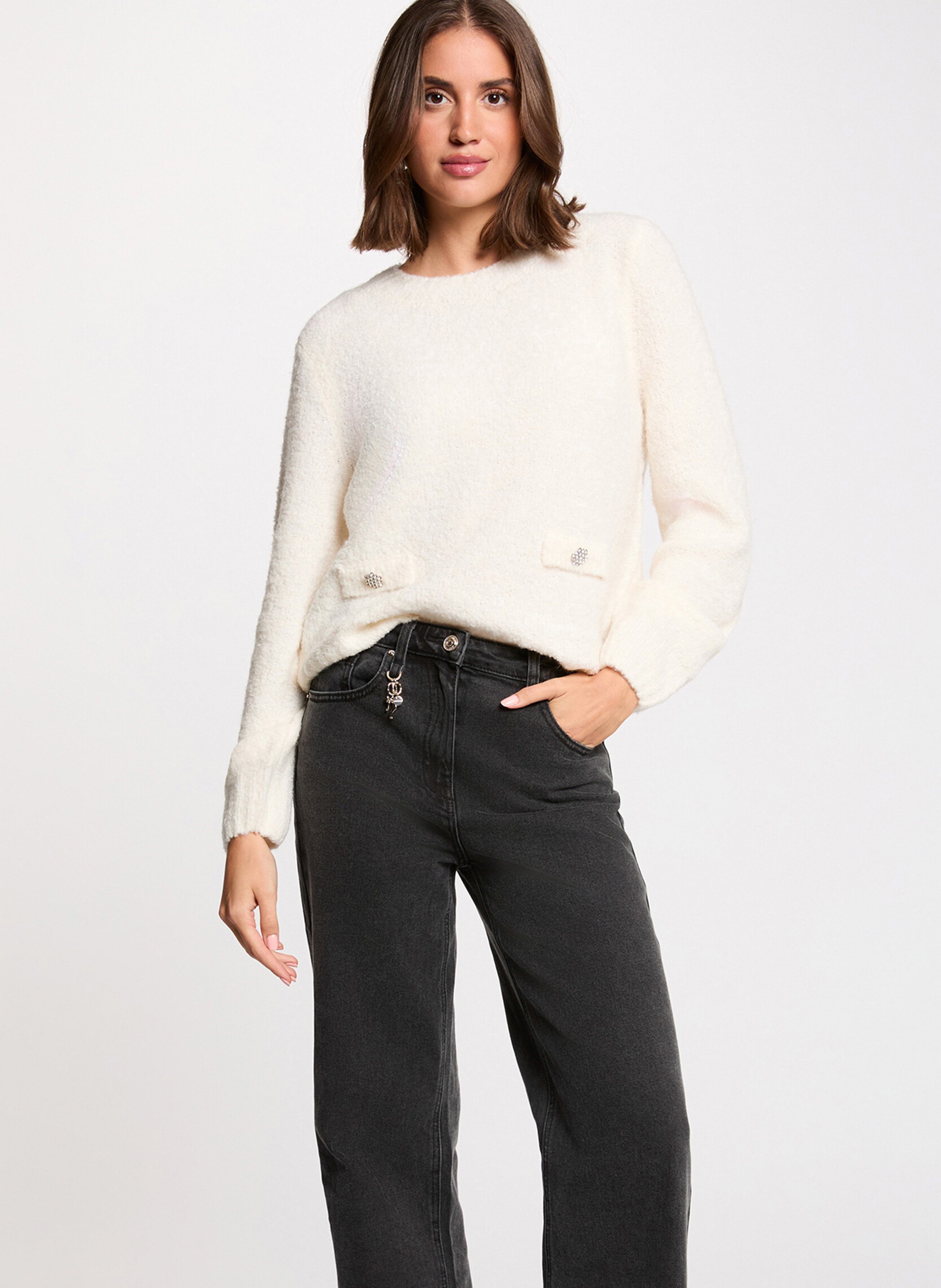 Pull droit col rond uni  MORGAN Beige