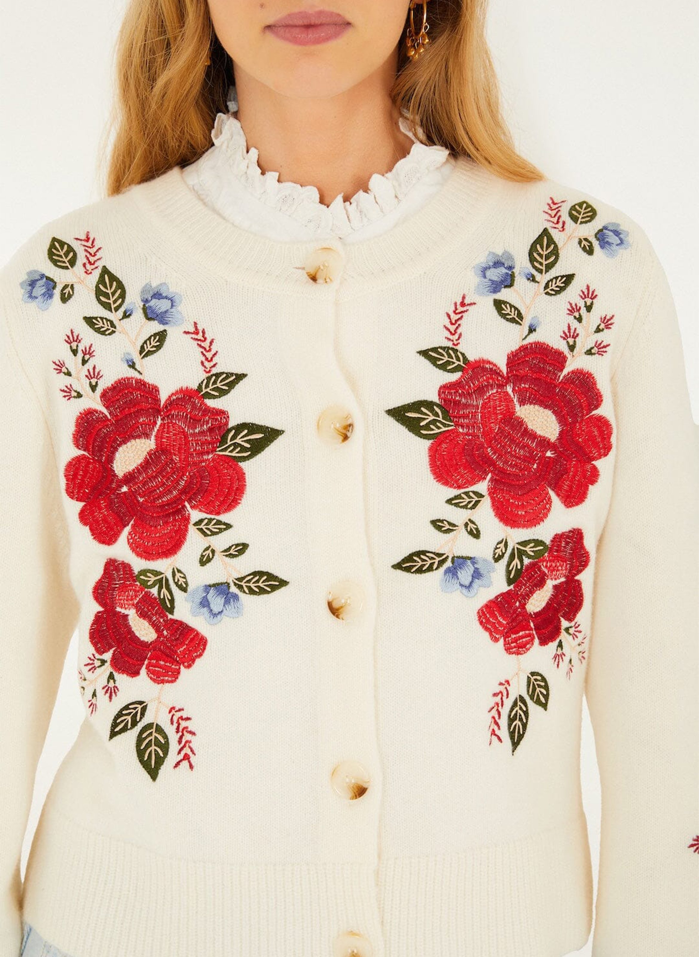 Straight woolen round-neck embroidered vest FARM RIO Beige