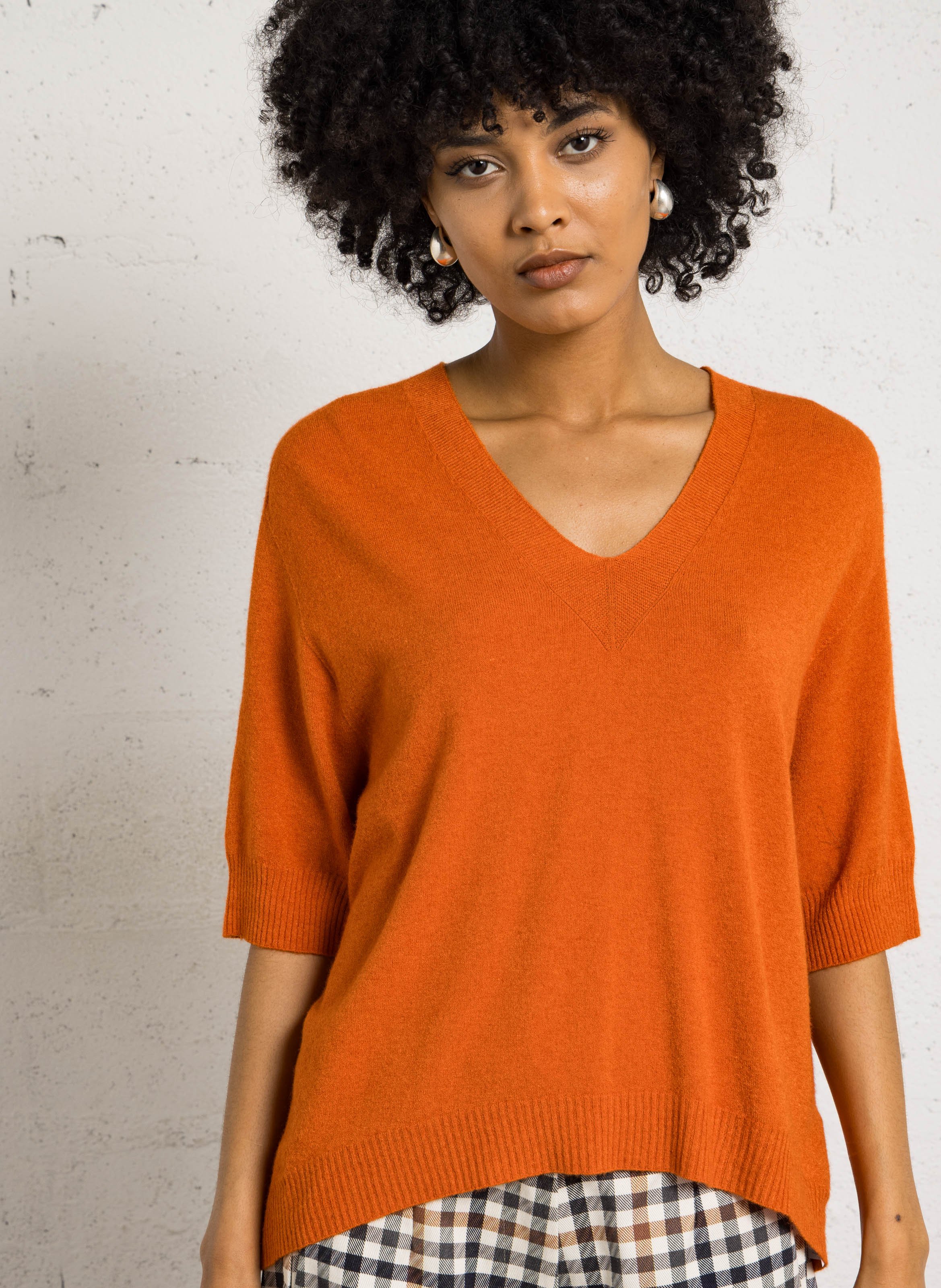 Pull col V ample manches 3/4 IMPERIAL Orange