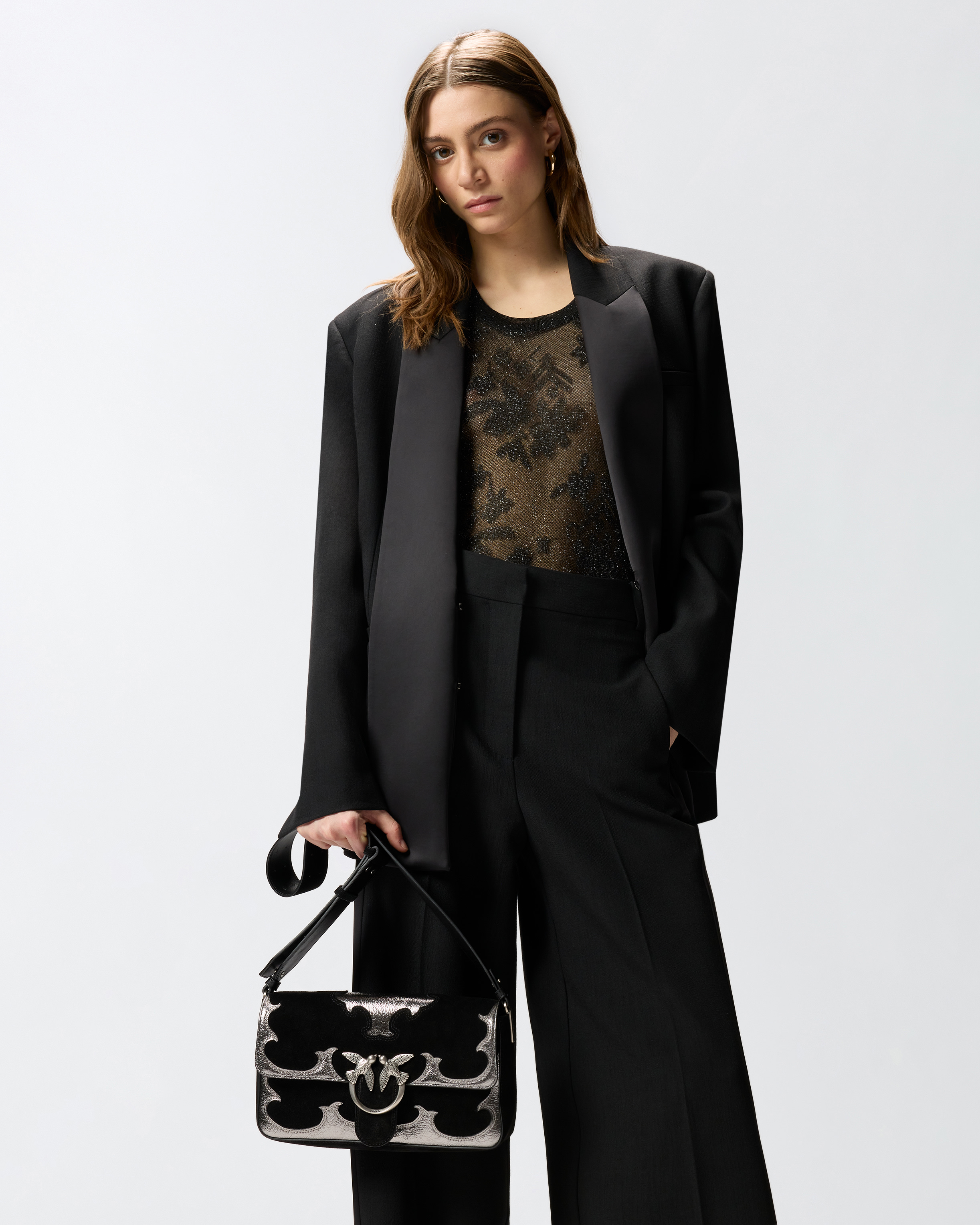 Sac porté épaule moyen love bag one slouchy en daim avec incrustations PINKO Noir