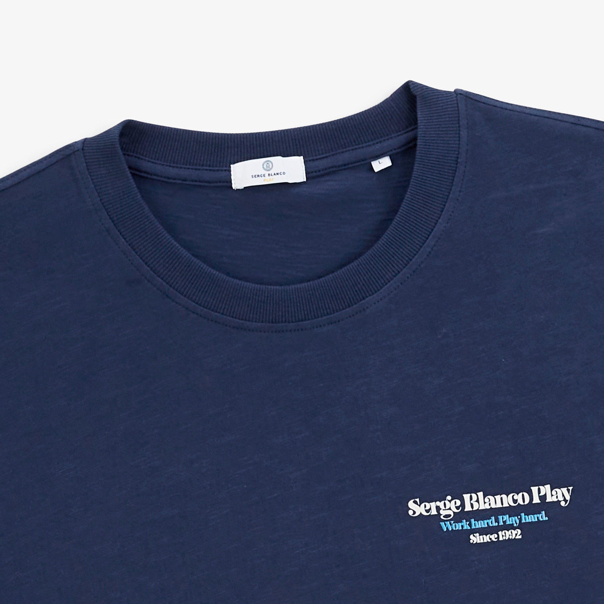 Short-sleeved T-shirt with "Friends & Fun" print in navy blue by SBPlay. SERGE BLANCO Blue