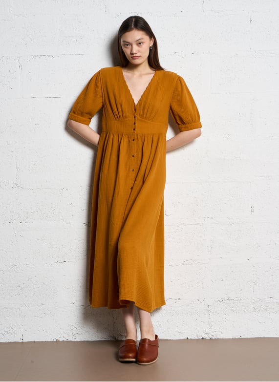 Long loose-fit cotton V-neck dress - XS Long loose-fit cotton V-neck dress - XS