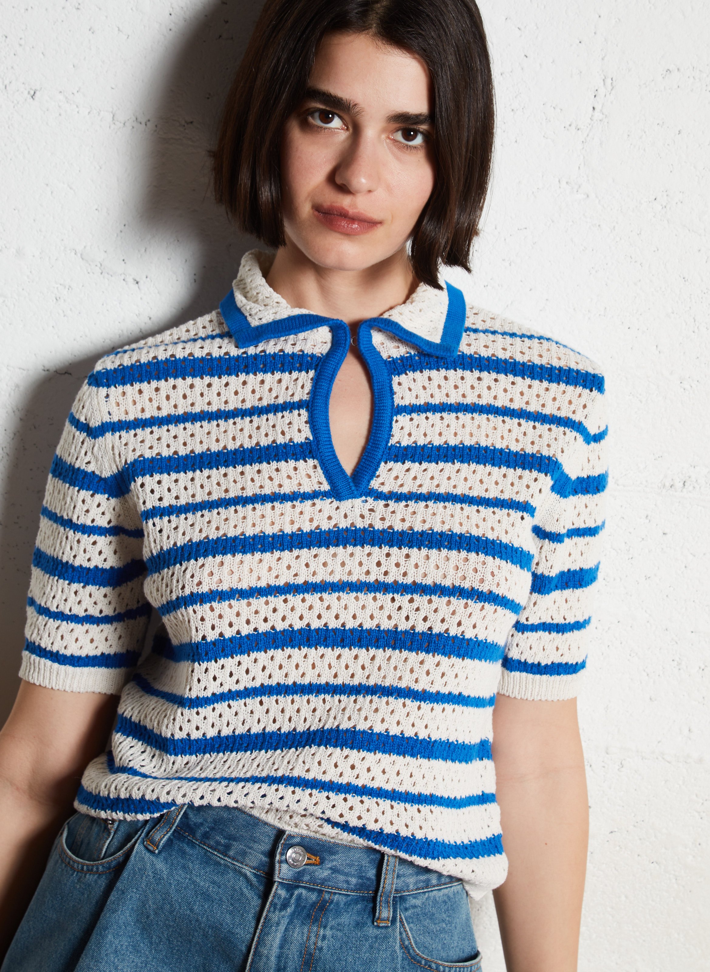 Striped openwork knit polo TINSELS Blue