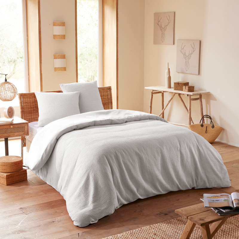 Parure de couette "nid d'abeille" 240 x 220 pour lit 2 places 140 à 160 cm COTON PUR Gris