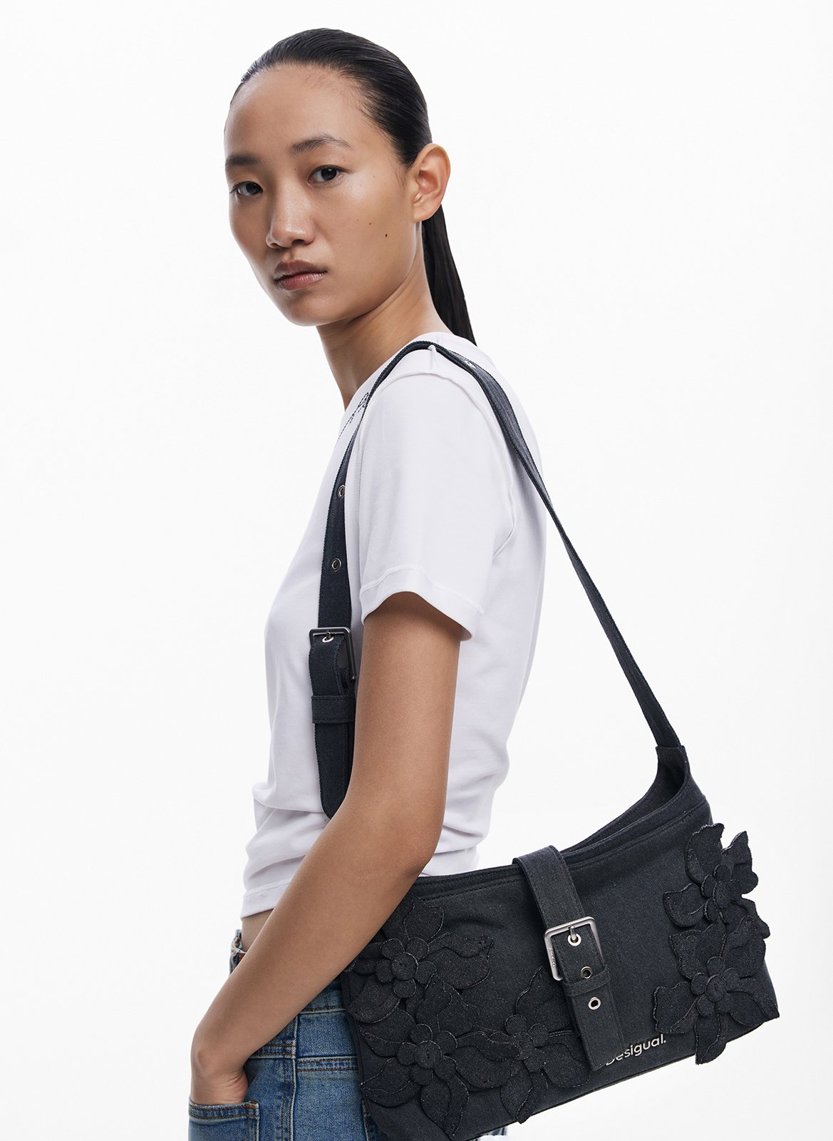 Schultertasche mit Blumenmuster aus Denim DESIGUAL Schwarz