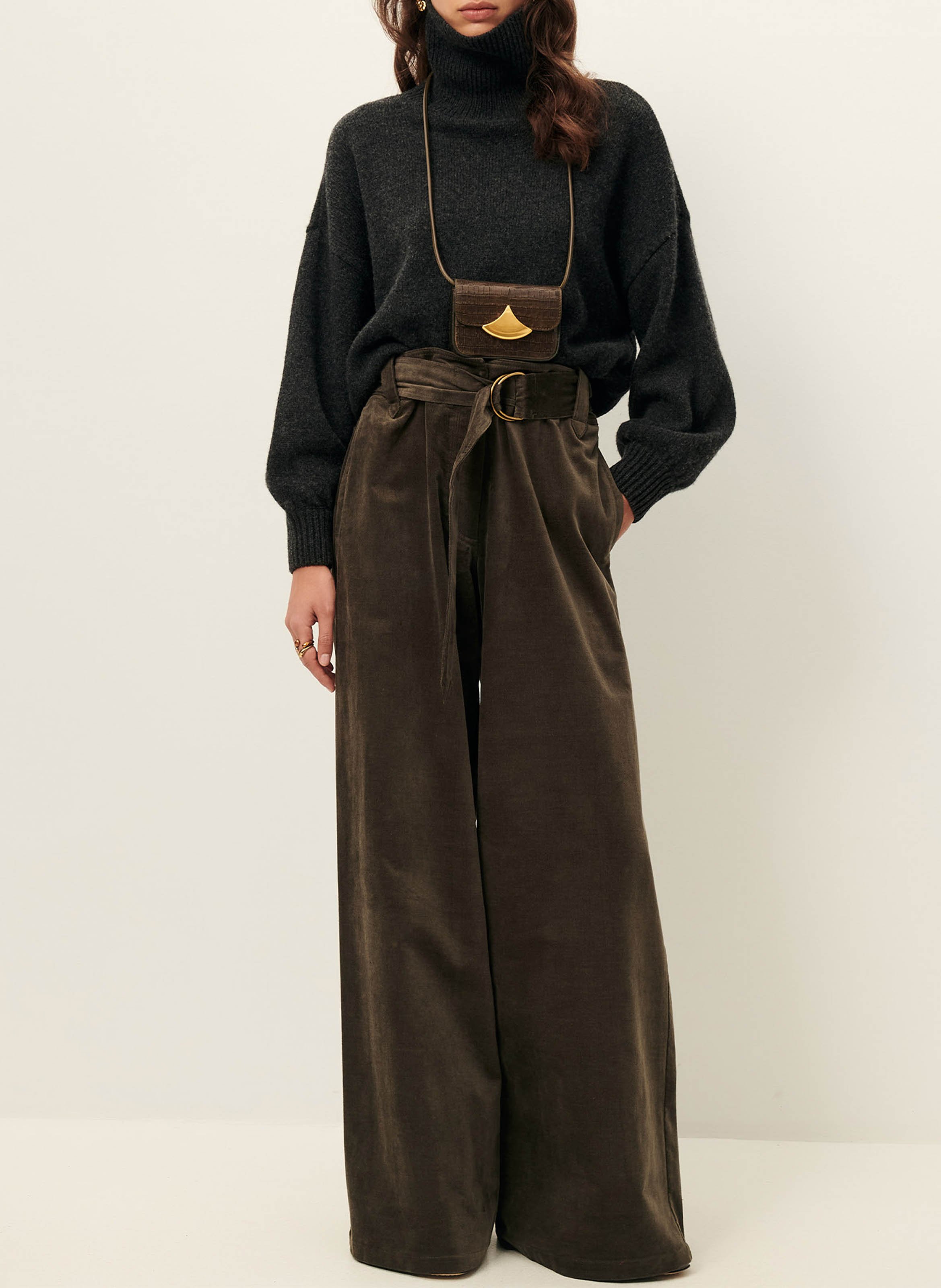 Wide-leg high-waisted cotton-blend pants SESSUN Brown