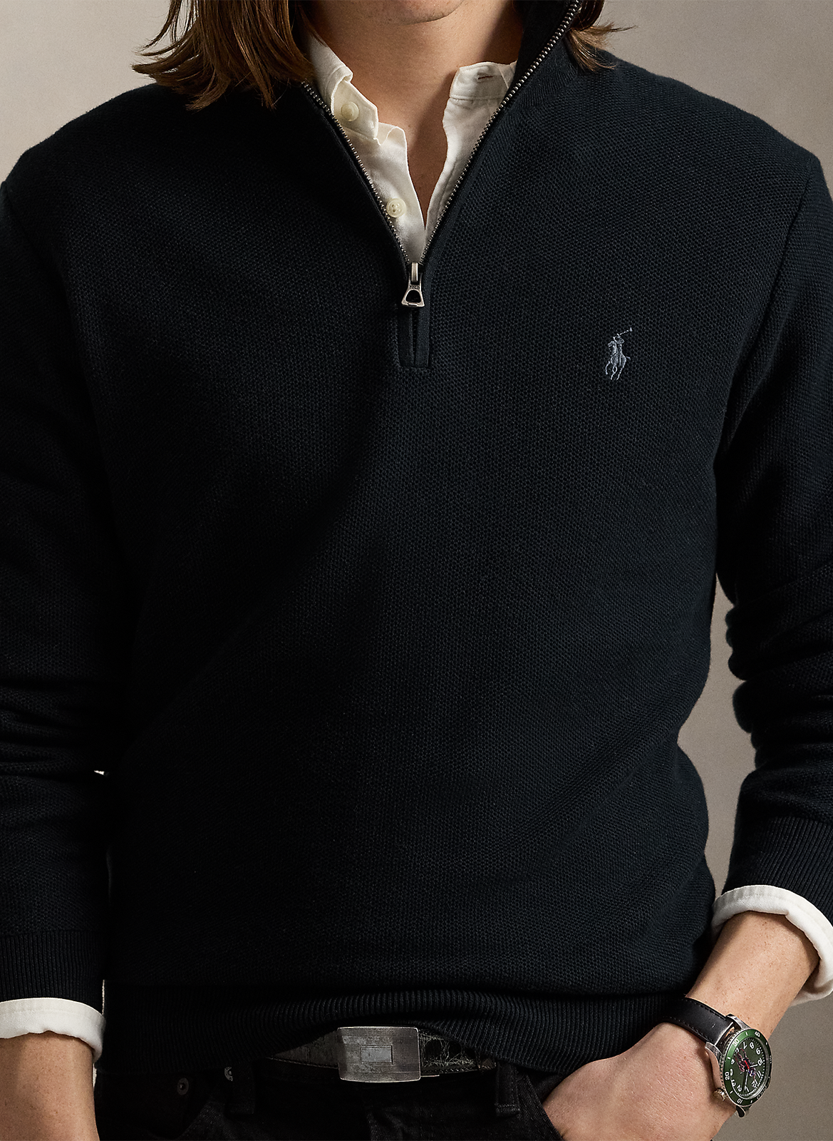 Cotton piqué high-neck zipped sweater POLO RALPH LAUREN Black