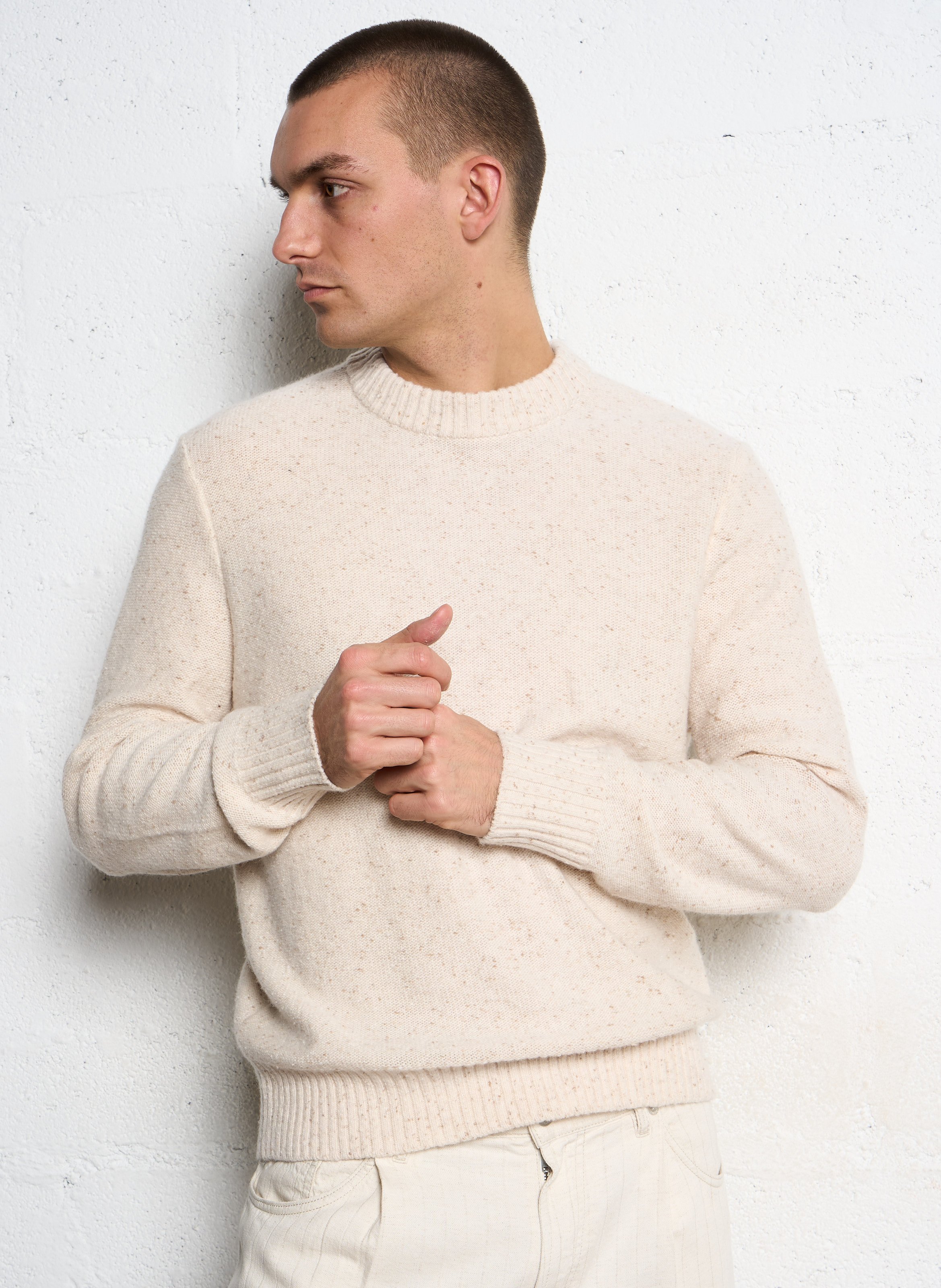 Pull droit col rond chiné en laine mélangée IKKS Blanc