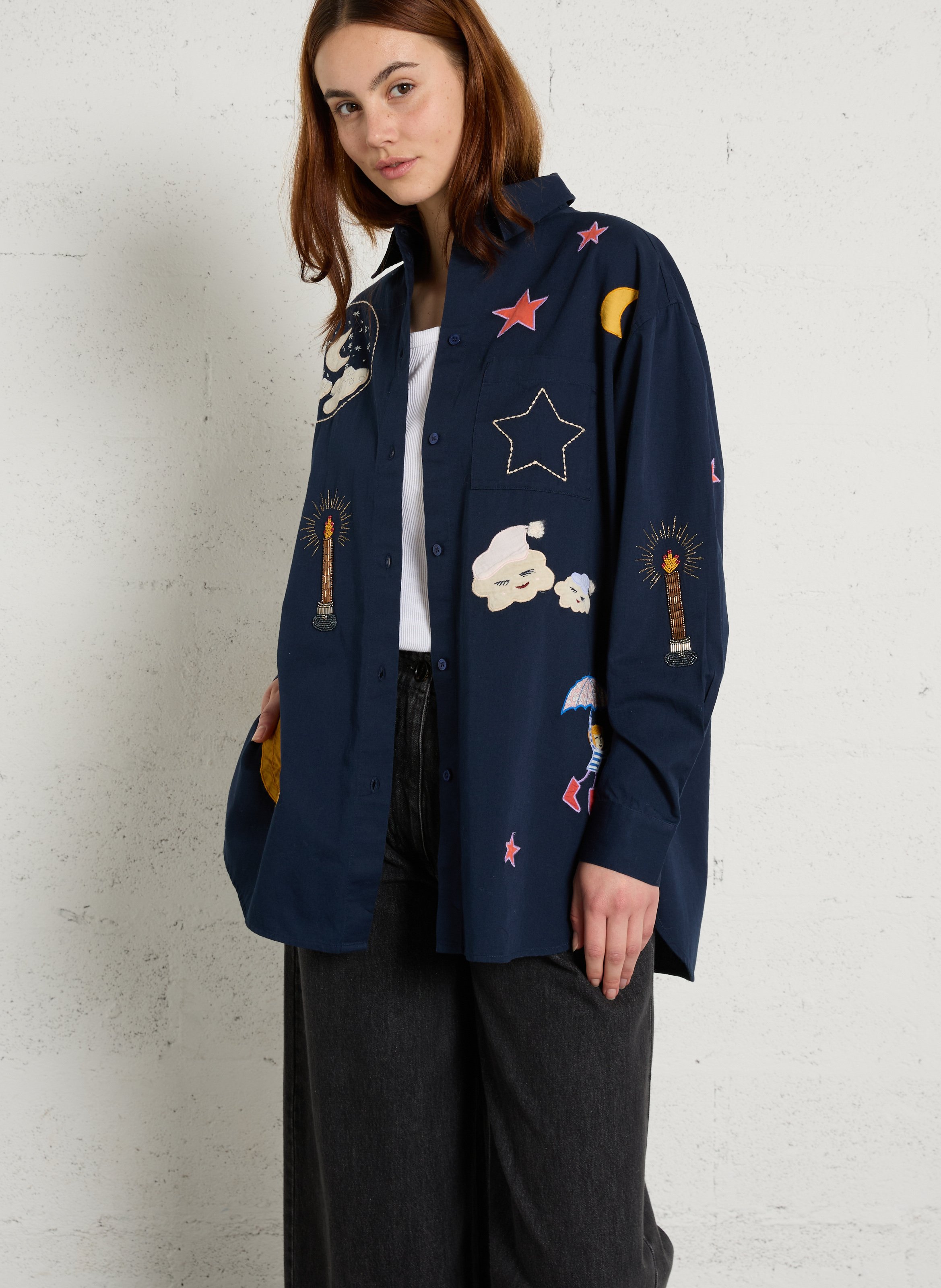 Oversized Bio-Baumwollhemd mit Stickerei STELLA NOVA Blau